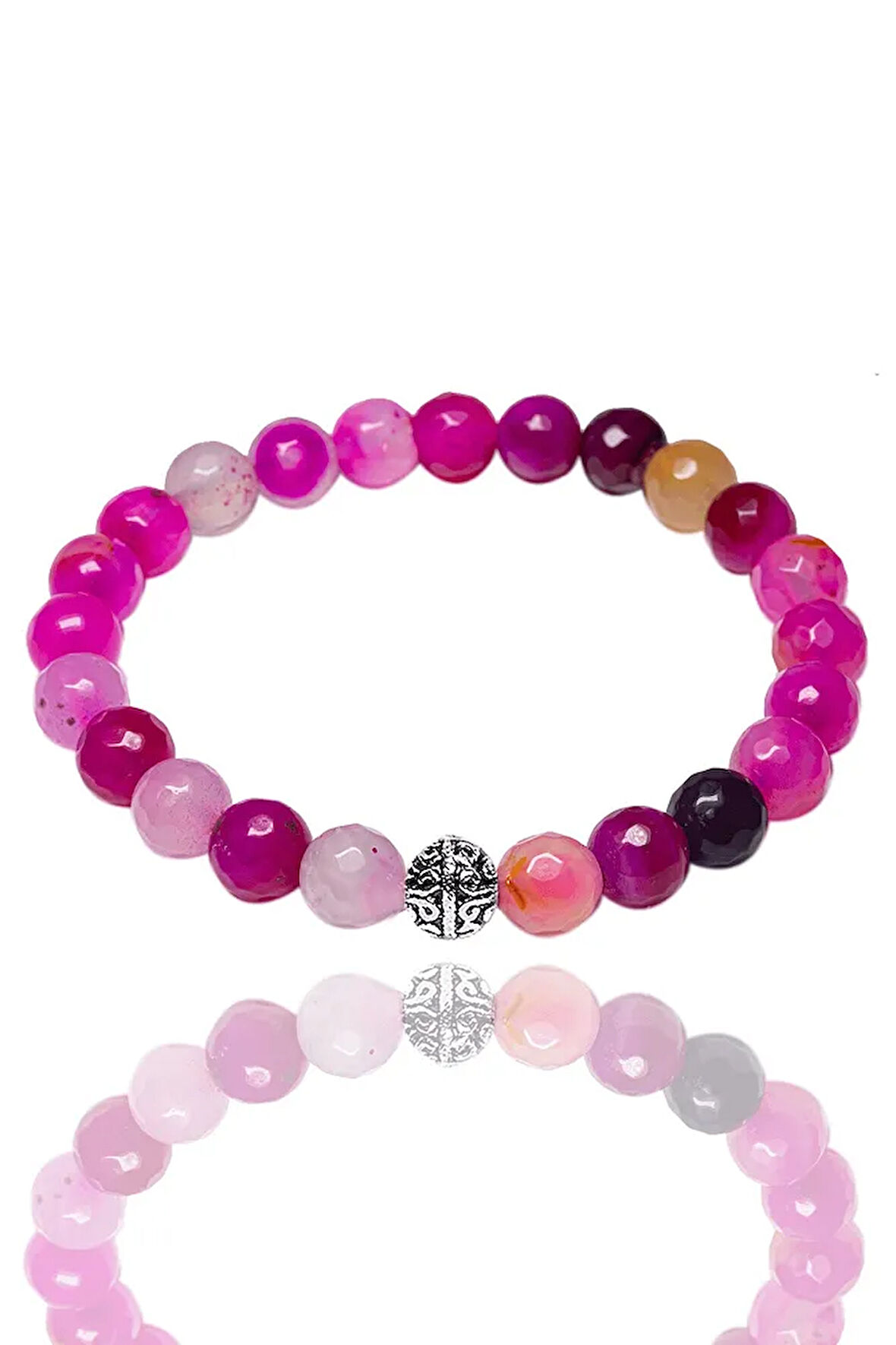 Sertifikalı Gümüş Aparatlı Fasetli Pembe Akik Taşı Bileklik