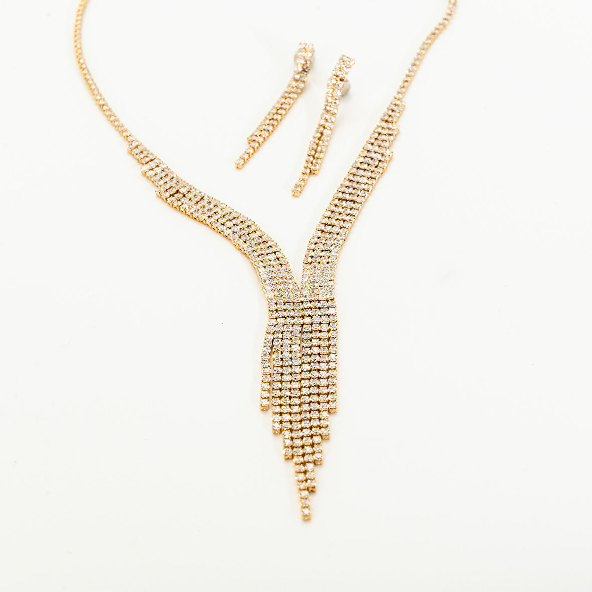 Biem Abiye Zirkon Su Yolu Taşlı Gold Renk Kolye Küpe Set