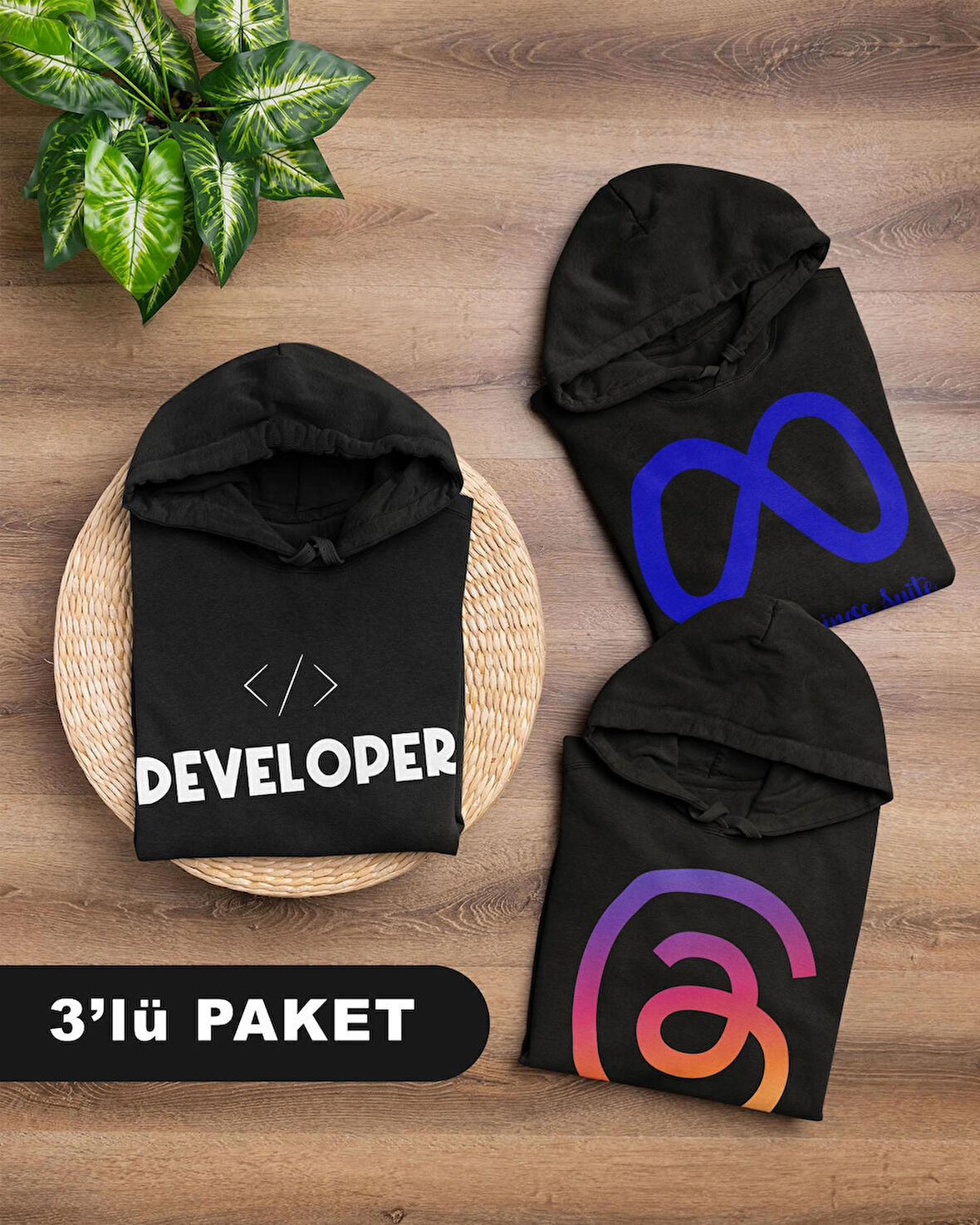 Yazılımcılara Özel Meta Baskılı Kangru Sweat (3'lü Paket), Unisex, Regular Hoddie