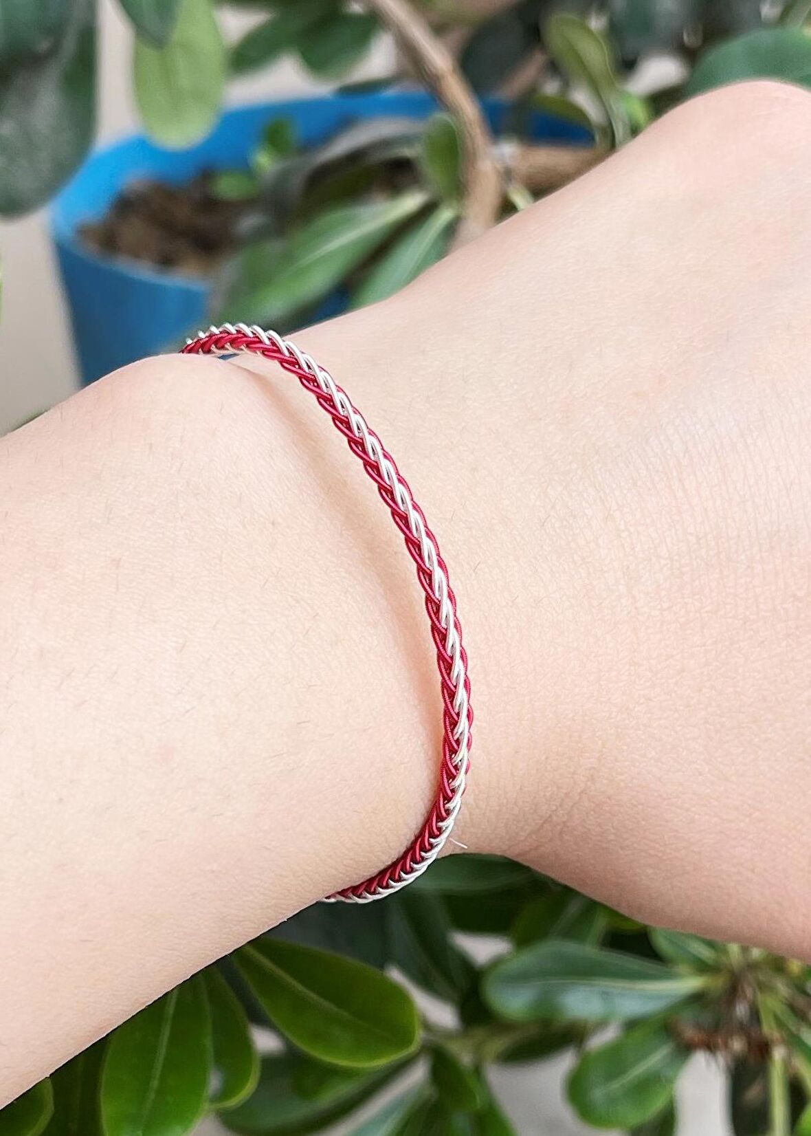 Kırmızı Tilki Kuyruğu Örgü Gümüş Kazaziye Bileklik