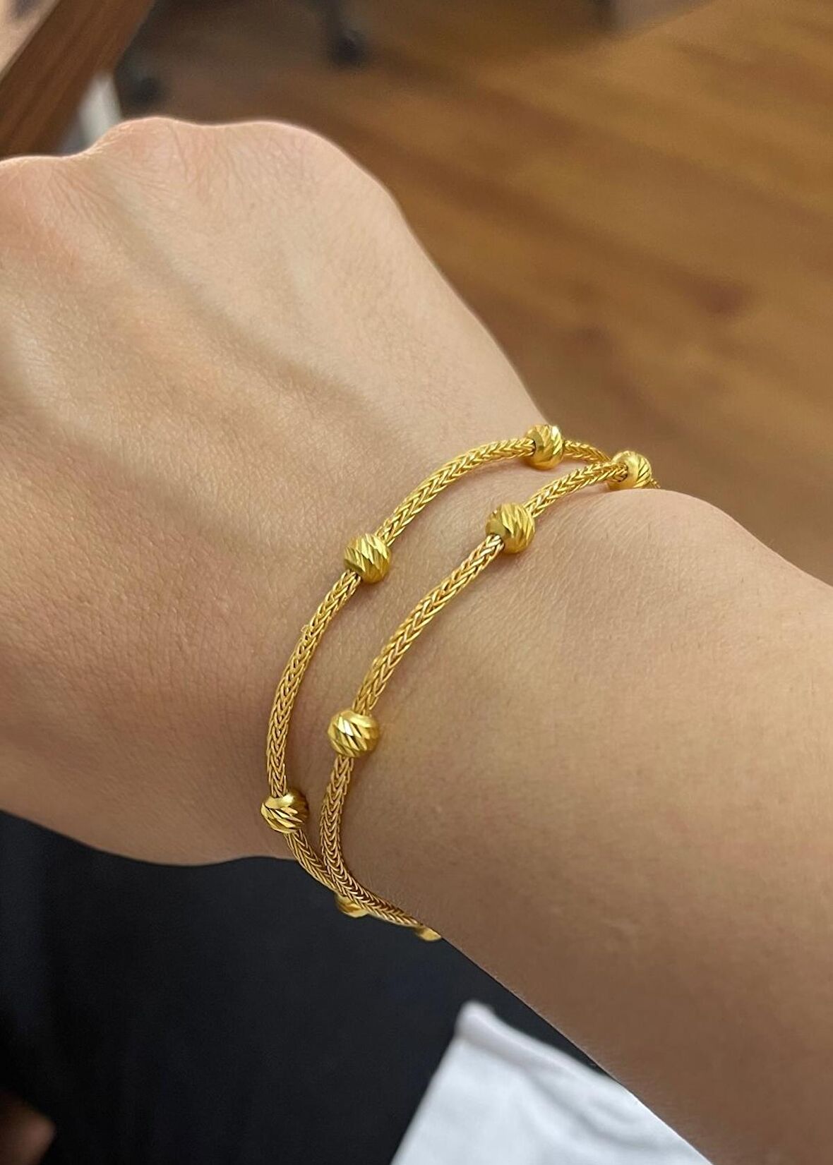 Dore Dorika Boncuklu Gümüş Kazaziye İki Zincirli Altın Rengi Bileklik