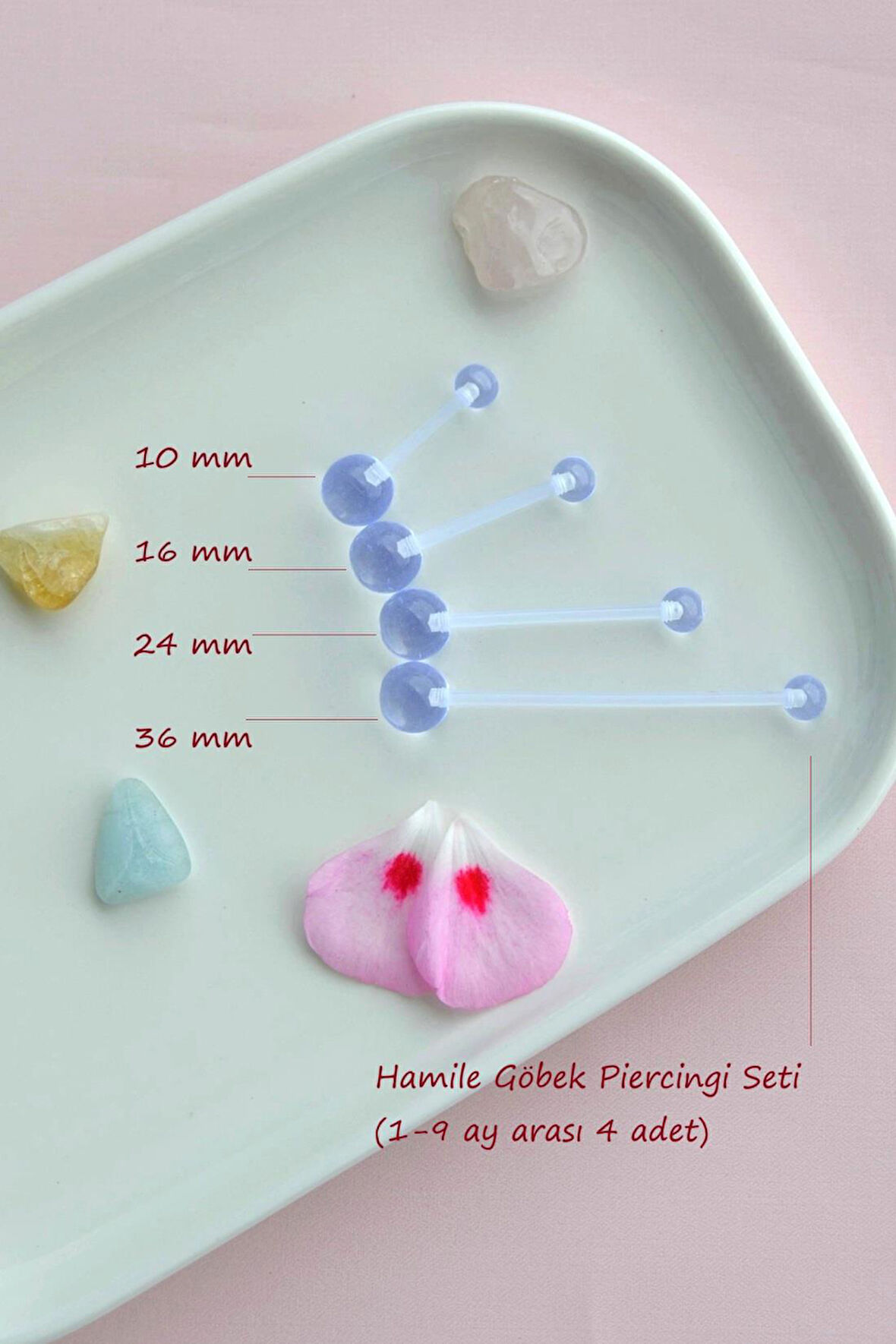 Hamilelik Dönemi Esnek Bioplast Göbek Piercing Seti – 4 Farklı Uzunluk