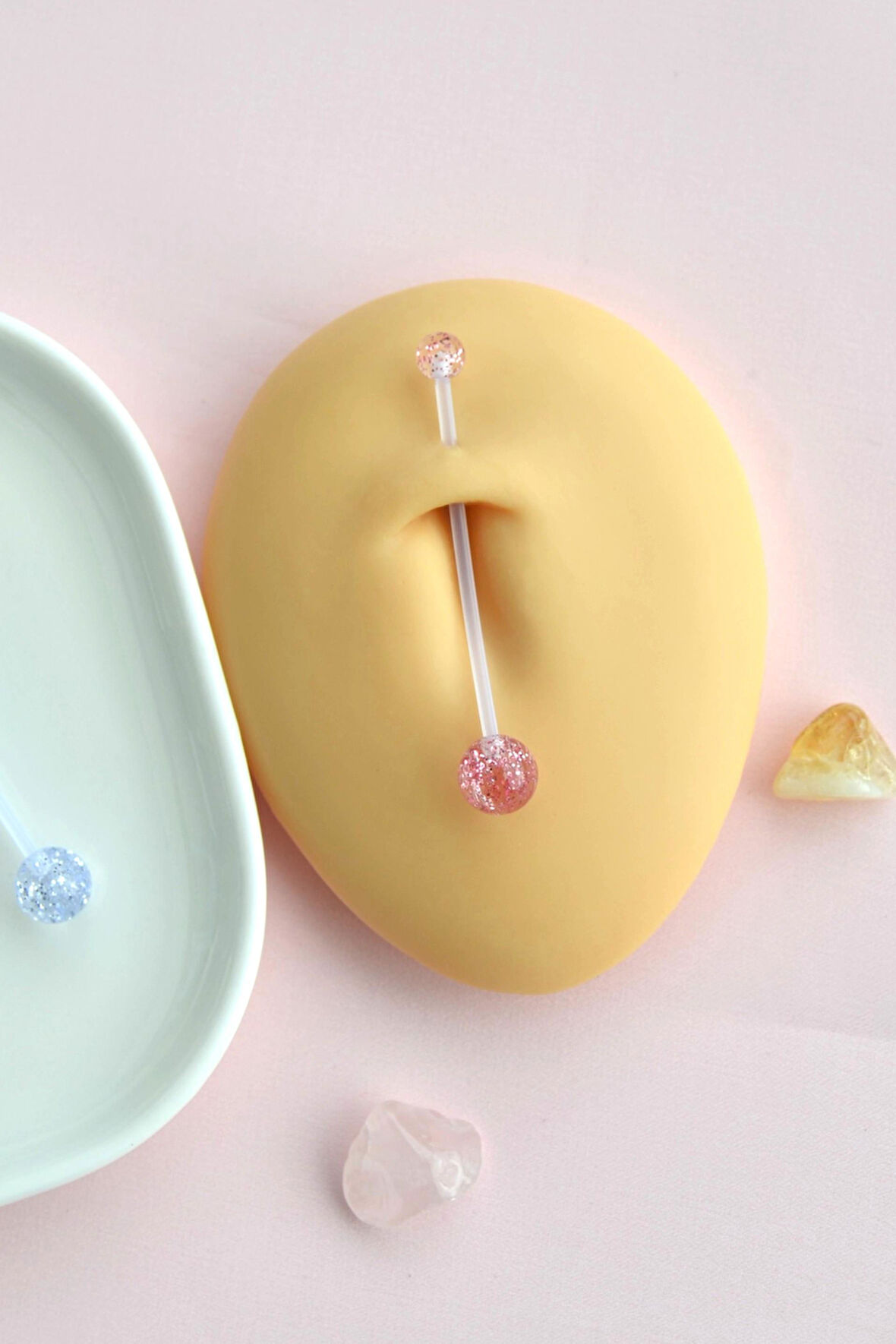 Hamilelik İçin Bioplast Göbek Piercing Seti – 2'li (Pembe & Gümüş Simli)