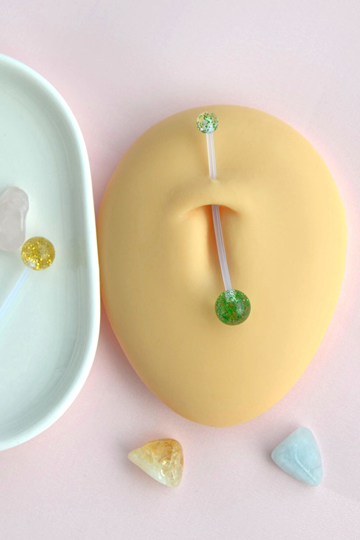 Hamilelik İçin Simli Bioplast Göbek Piercing Seti – 2'li (Yeşil & Sarı)