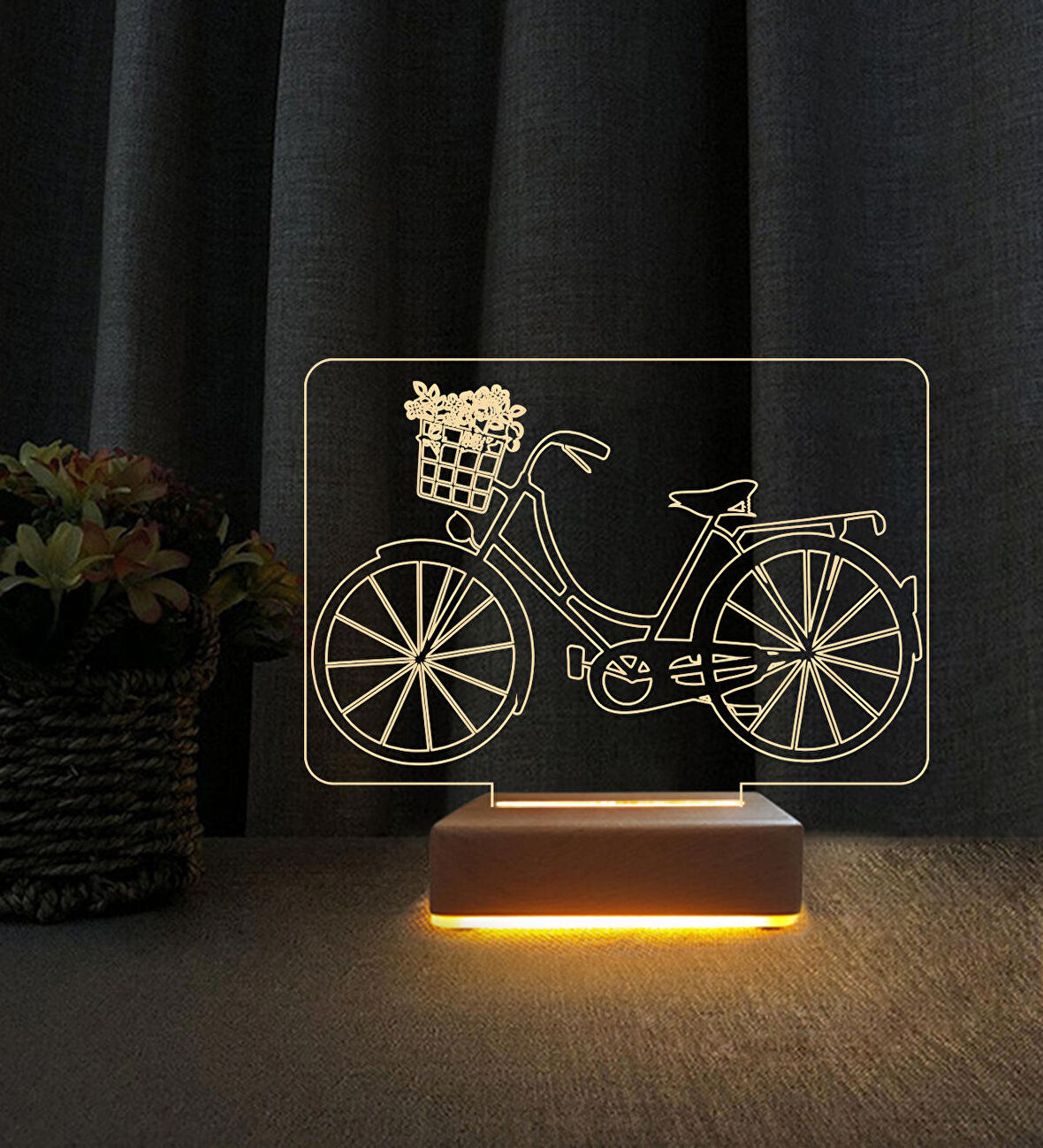 Sepetli Bisiklet Tasarımlı  3d Led Masa Lambası Doğum Günü Hediyesi Lamba