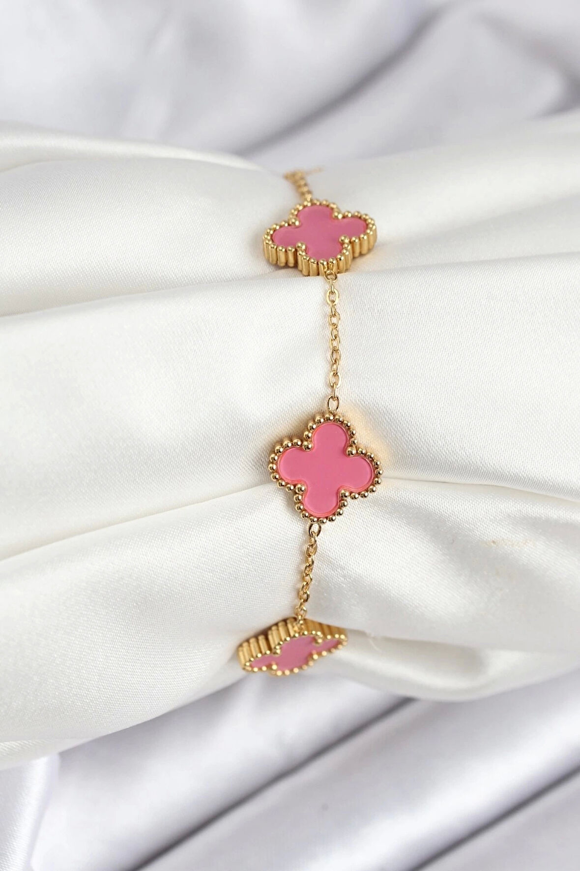 316L Çelik Gold Zincir Pembe Yonca Renk Bileklik