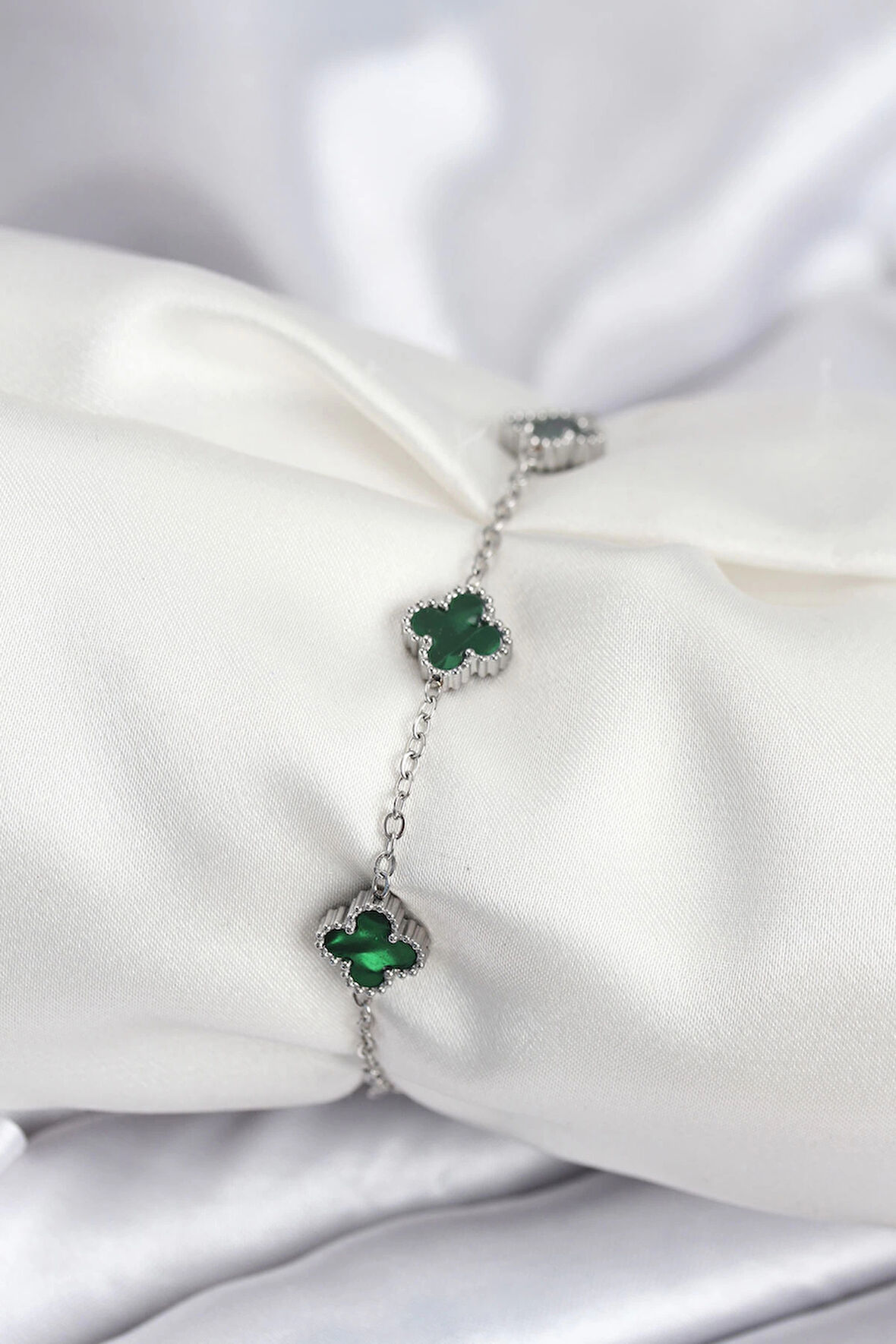 316L Çelik Gümüş Renk Yeşil Baby Boy Yonca Kadın Bileklik