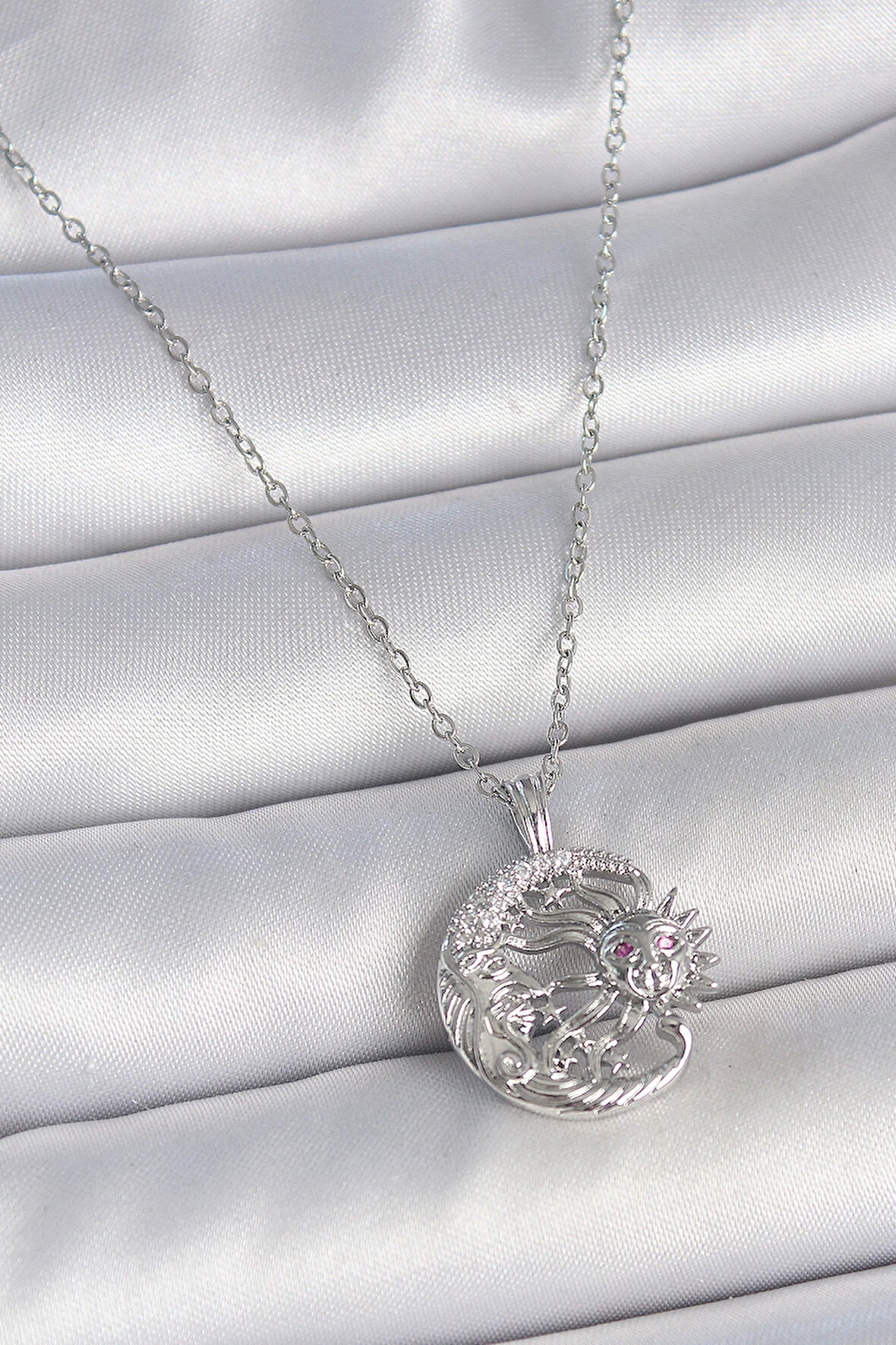 316L Çelik Gümüş Renk Zincir Ay Güneş Model Zirkon Taş Detay Kadın Kolye