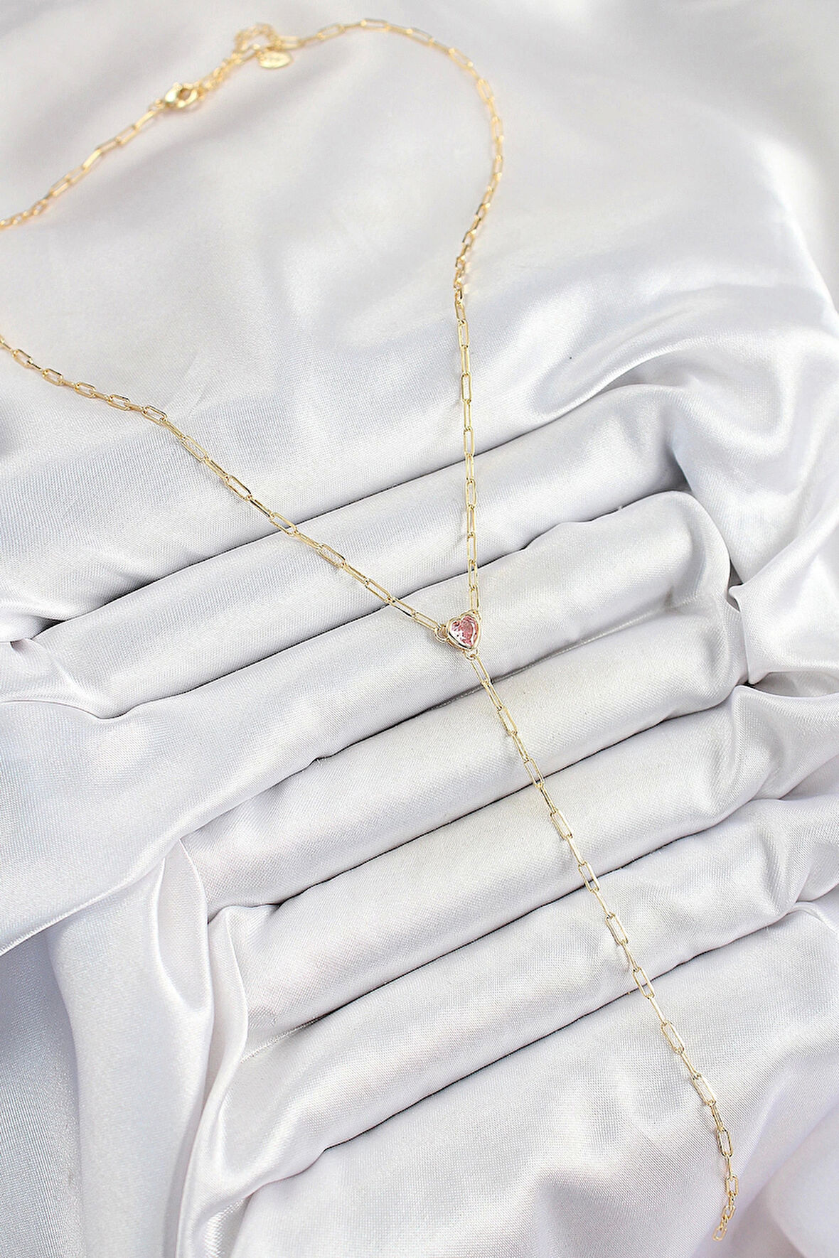 Pirinç Zirkon Taşlı Pembe Kalp Figürlü Y Model Gold Renk Kadın Kolye