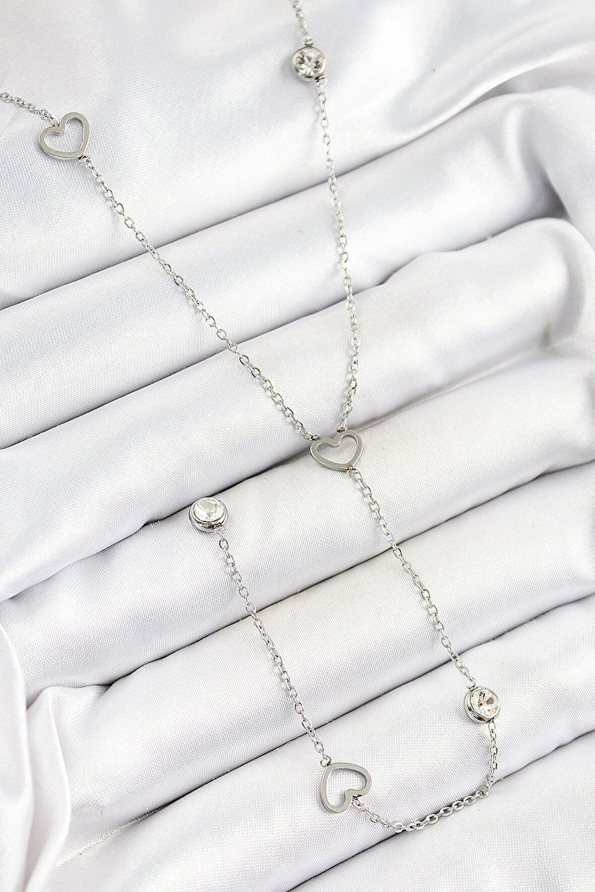 316L Çelik Zirkon Taşlı Kalp Figürlü Y Model Gümüş Renk Kadın Kolye