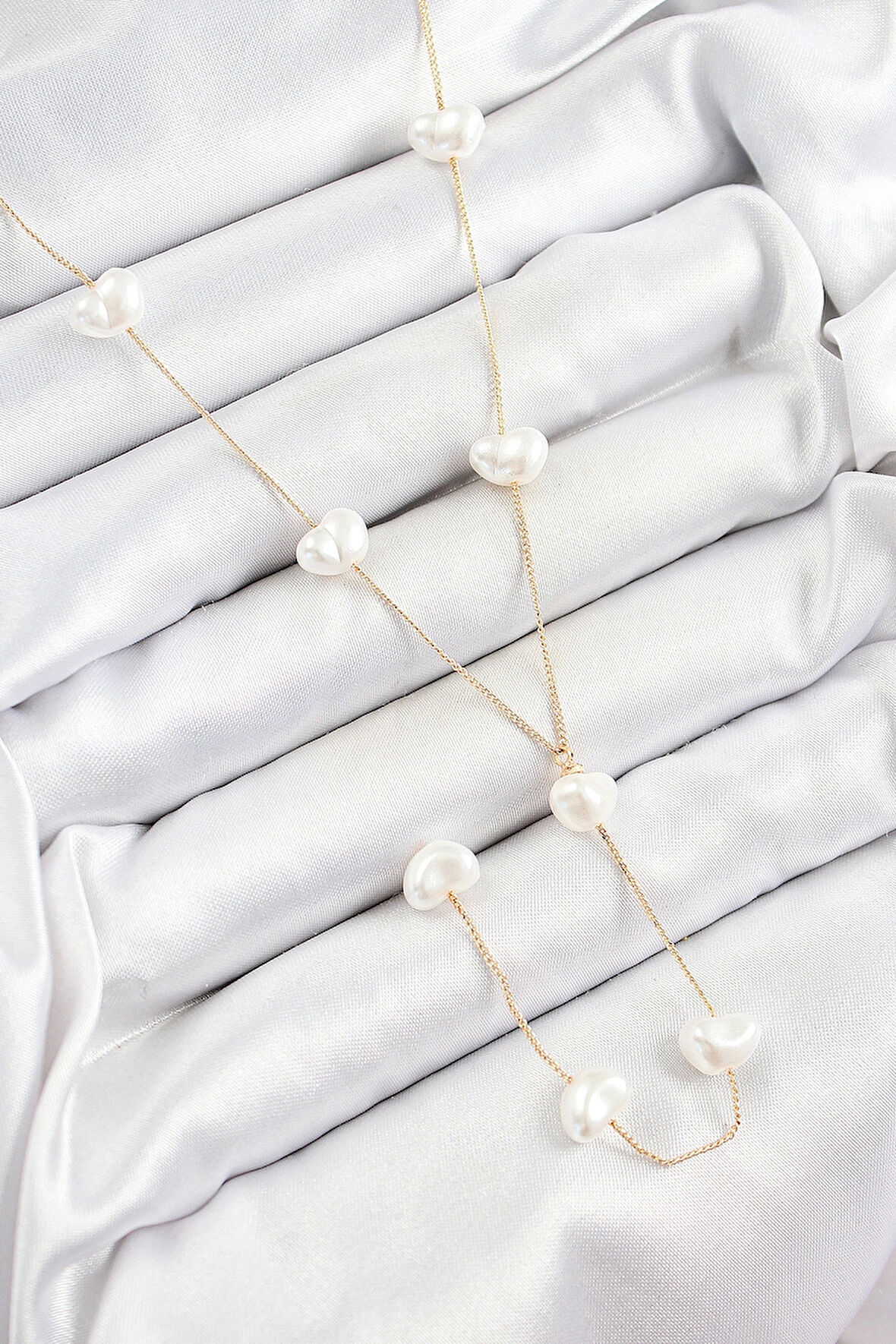 316L Çelik İncili Kalp Figürlü Y Model Gold Renk Kadın Kolye