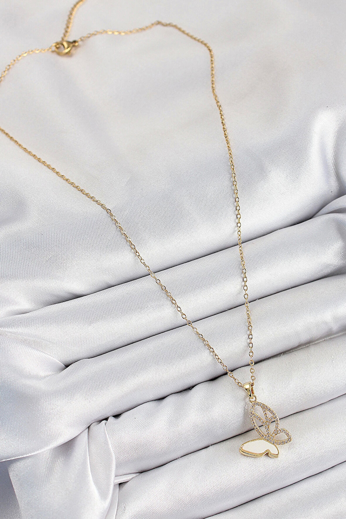 316L Çelik Zirkon Taşlı Kelebek Model Gold Renk Kadın Kolye