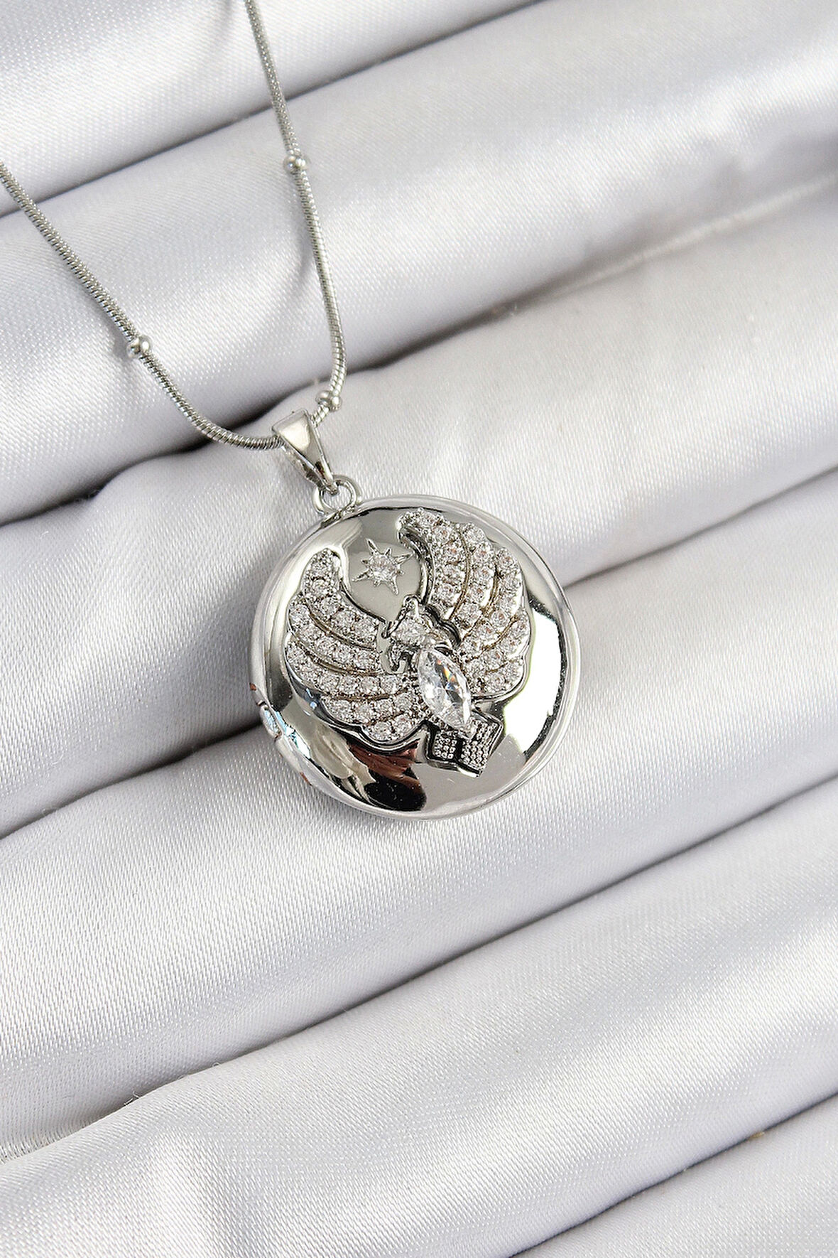 316L Çelik Zincir Açılabilir Anka Kuşu Model Zirkon Taşlı Gümüş Renk Kadın Kolye