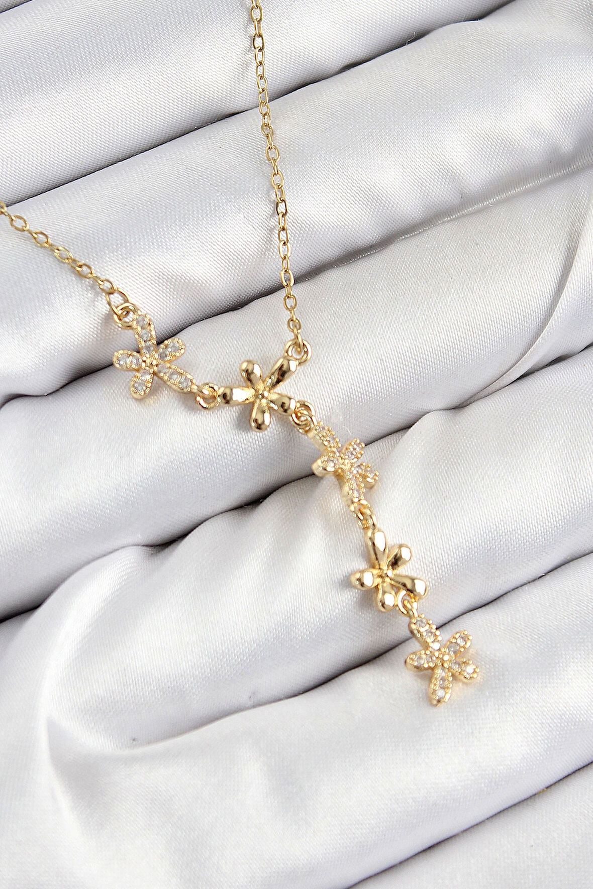 316L Çelik Zirkon Taşlı Çiçek Model Gold Renk Kadın Kolye