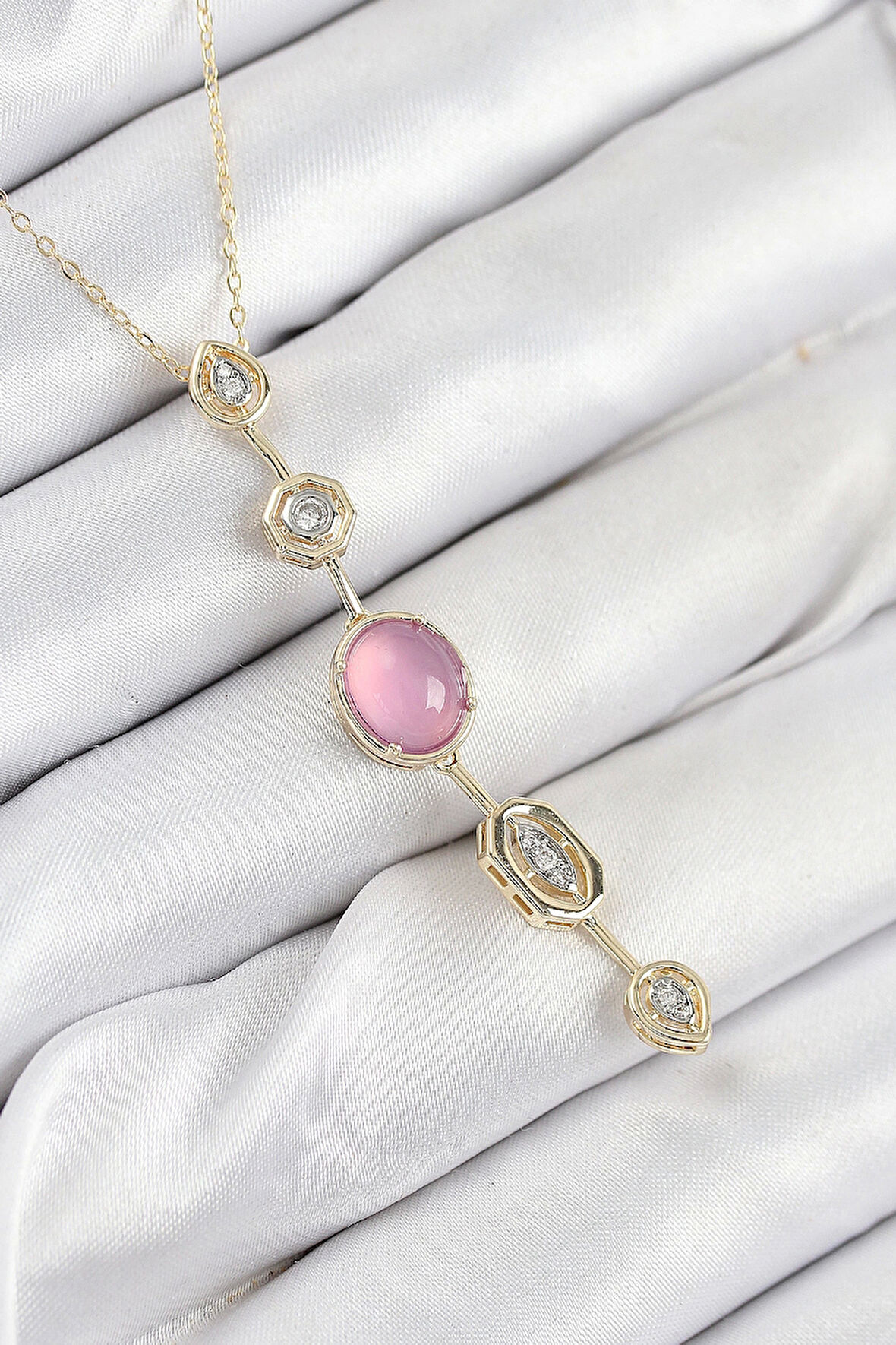 Pirinç Zincir Pembe Gold Renk Zirkon Taşlı Y Kolye