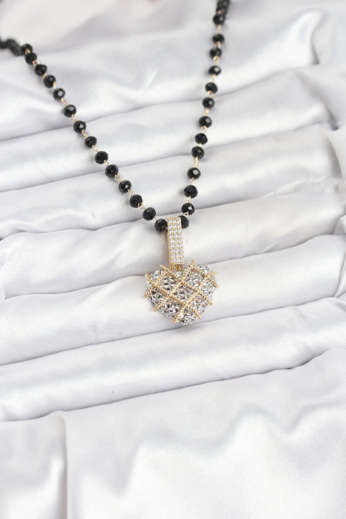 316L Çelik Zincir Kristal Boncuklu Kalpli Kadın Kolye