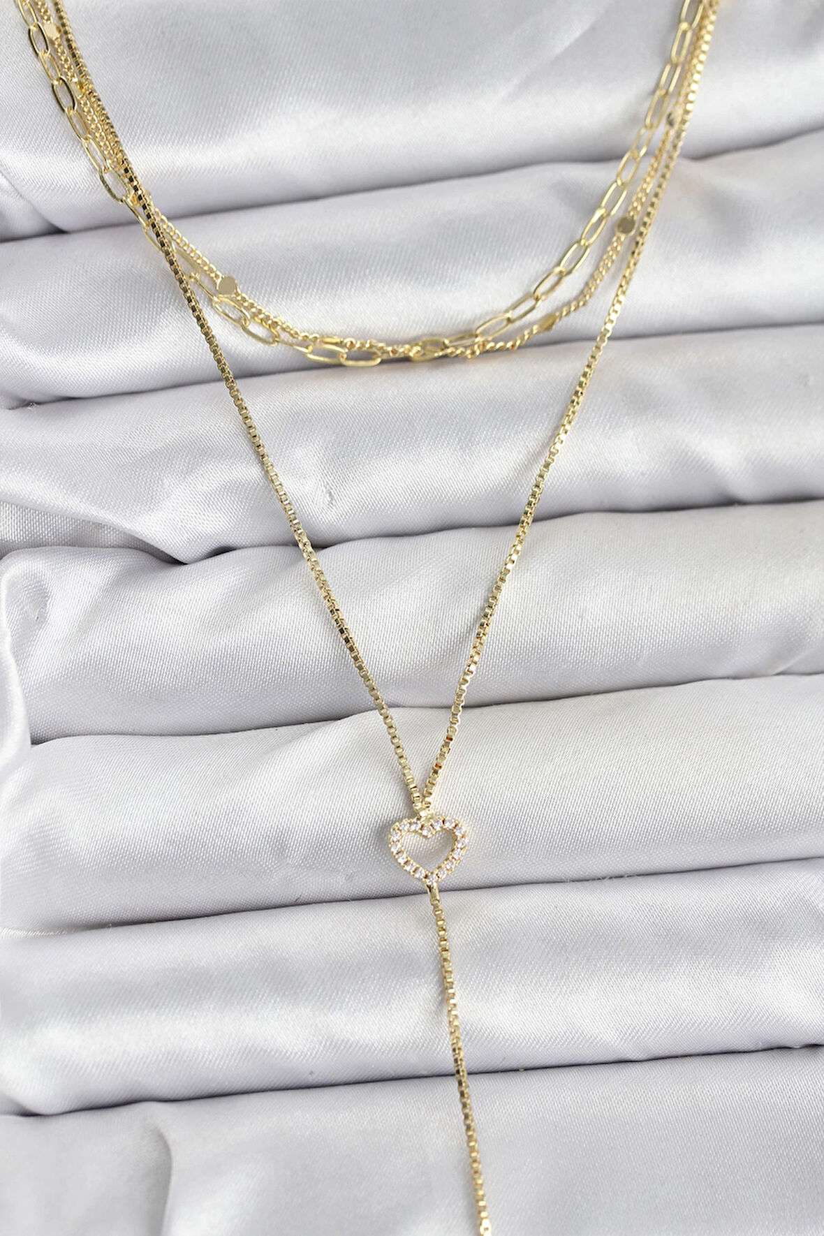 Pirinç Gold Renk Kalp Detaylı 3'lü Kombin Y Kadın Kolye