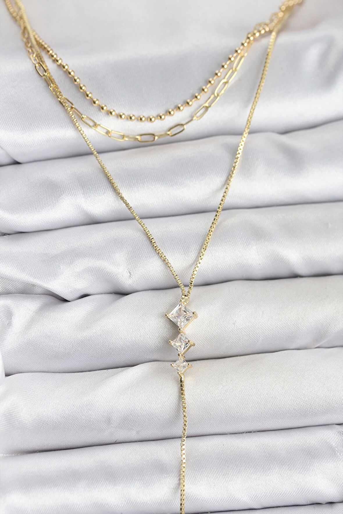 Pirinç Gold Renk Zirkon Taş Detaylı 3'lü Kombin Y Kadın Kolye