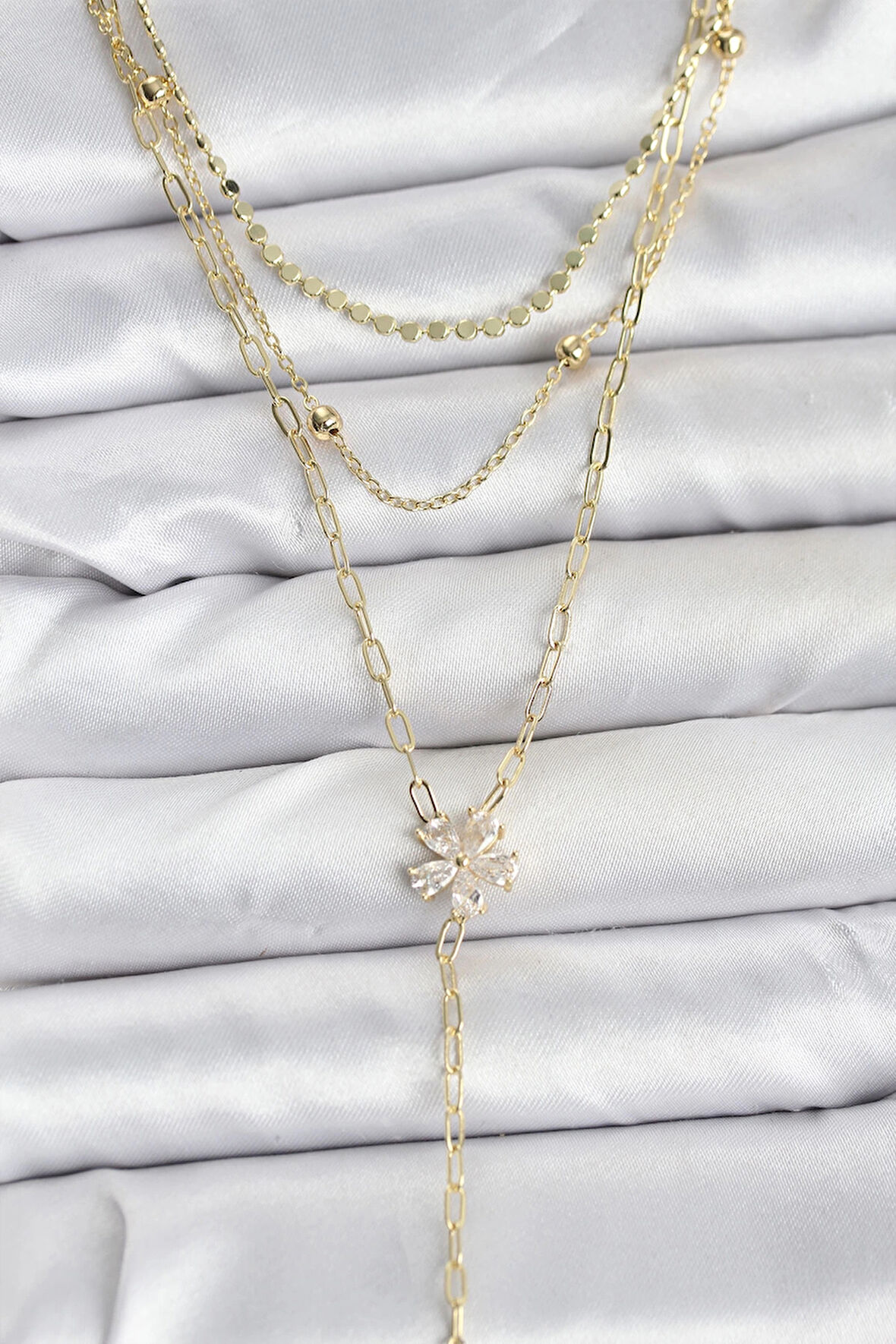 Pirinç Gold Renk Zirkon Taşlı Çiçek Model Detaylı 3'lü Kombin Y Kadın Kolye