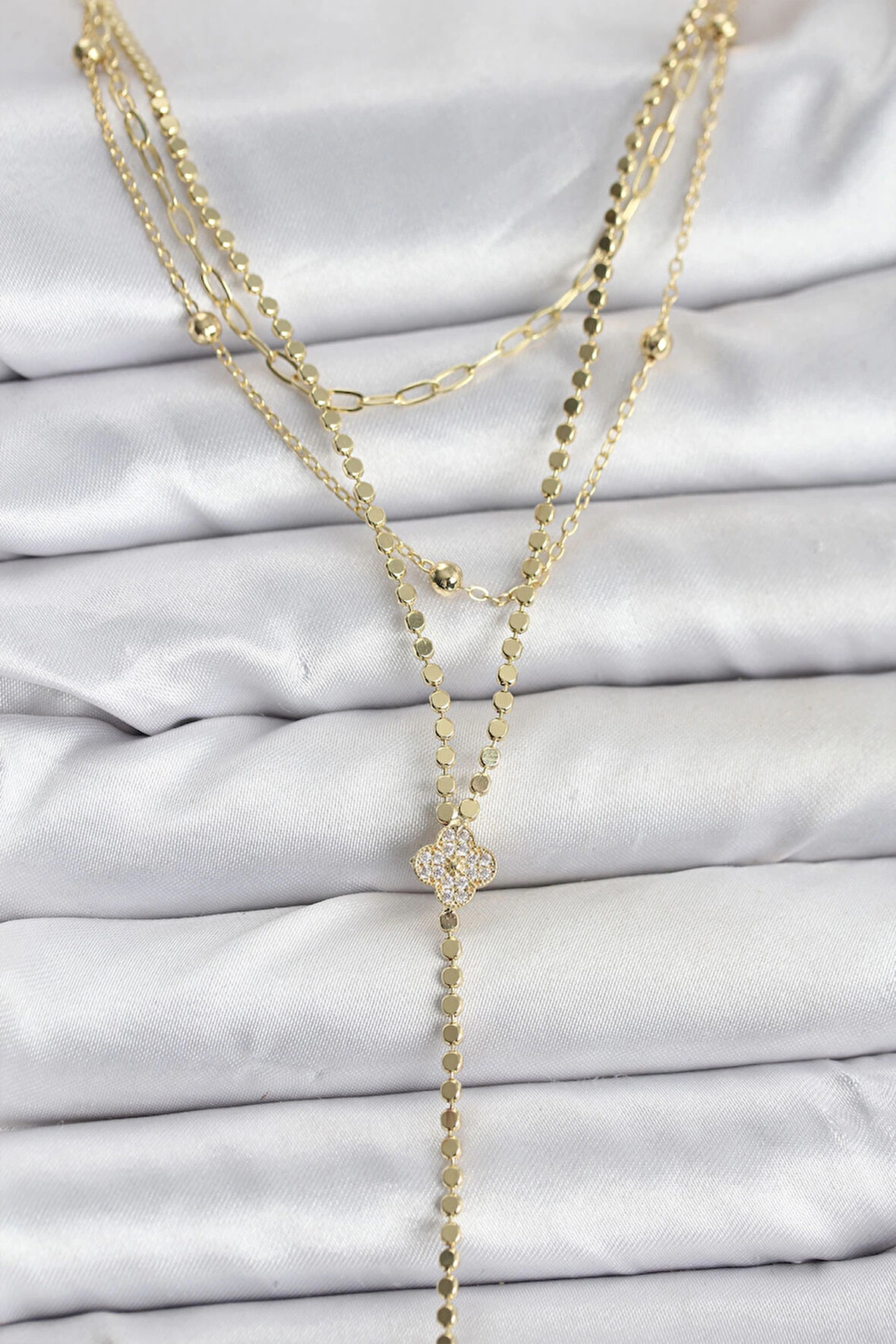 Pirinç Gold Renk Zirkon Taşlı Yonca Model Detaylı 3'lü Kombin Y Kadın Kolye