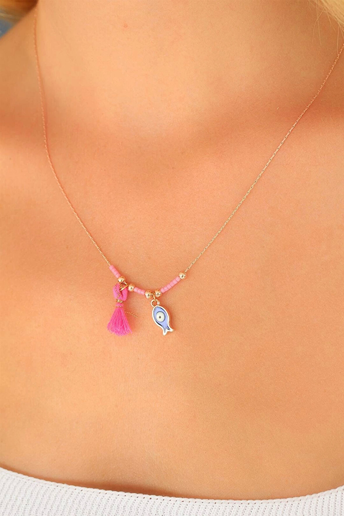 Nazar Boncuklu Pembe Renk Taşlı Rose Kadın Kolye