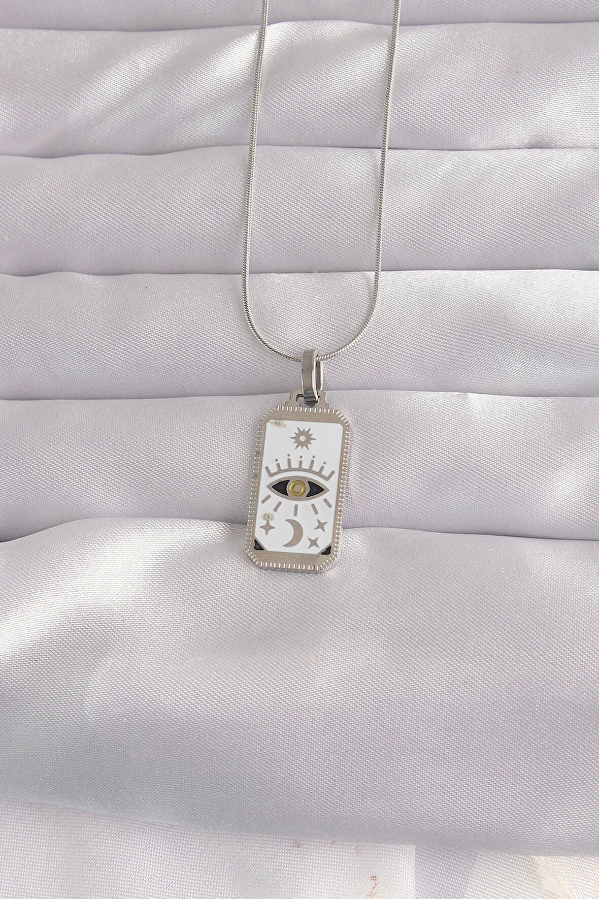 316L Çelik Gümüş Renk Beyaz Mineli Göz Figür Tarot Kolye