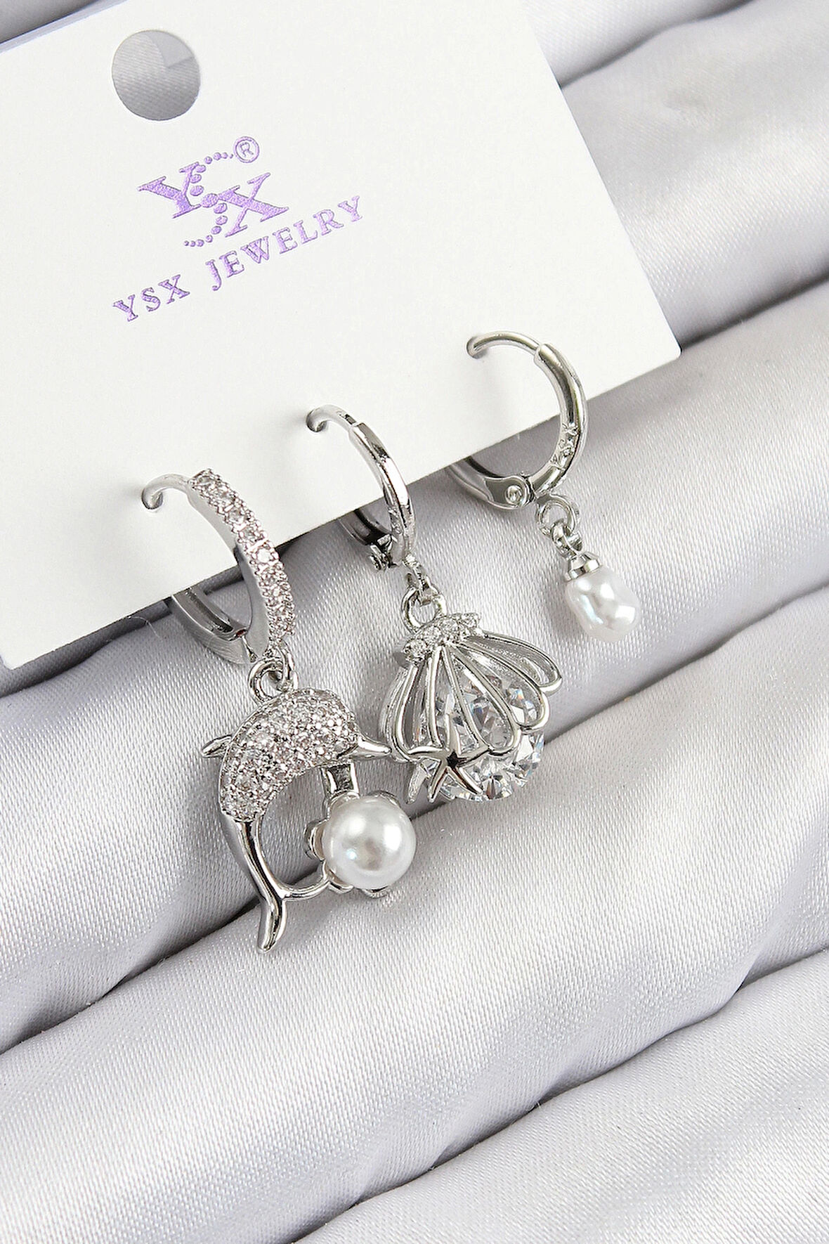 Pirinç Zirkon Taşlı 3'lü Yunus Balığı Ve İstiridye Model Gümüş Renk Kadın Küpe