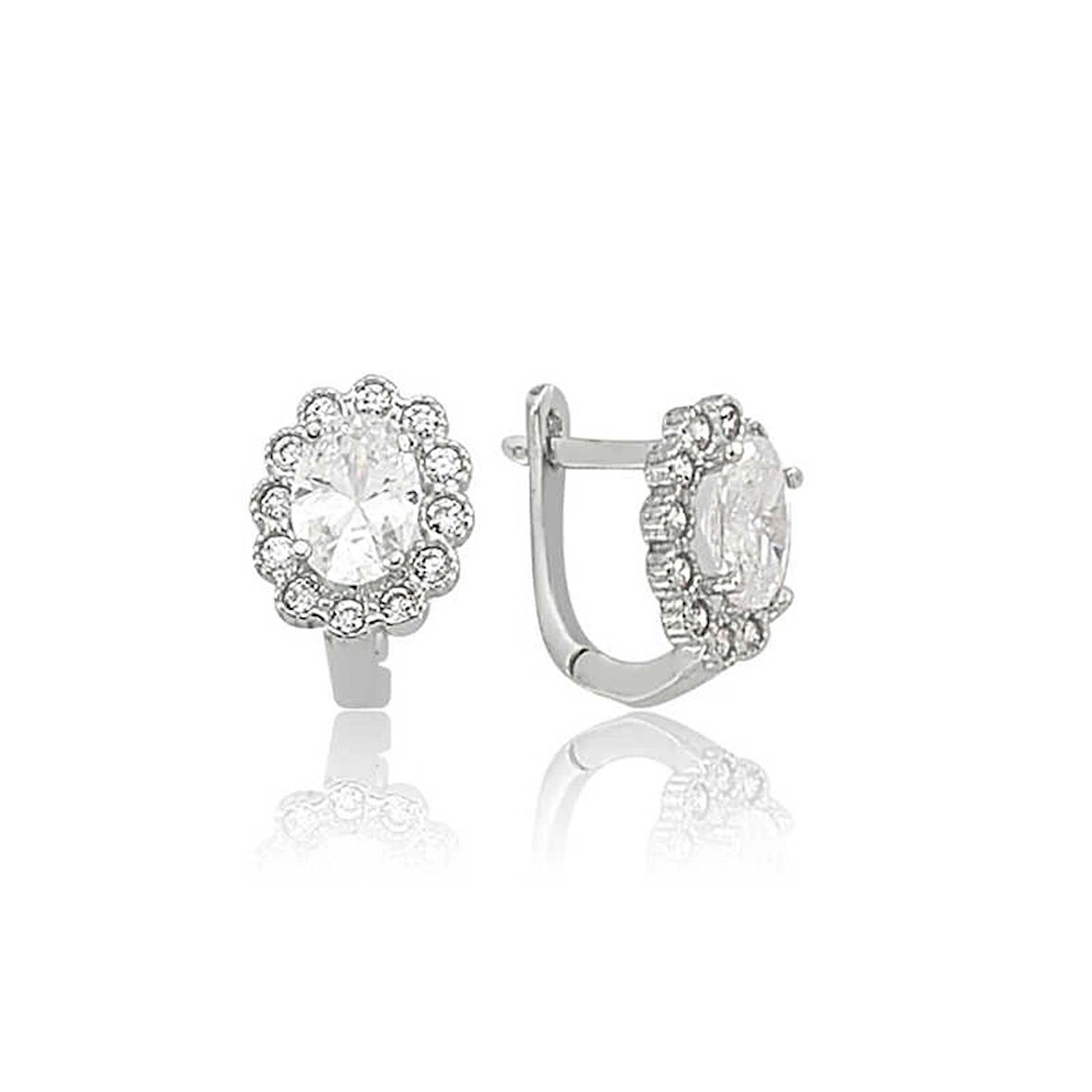 Gümüş Oval Taşlı Çiçek Küpe