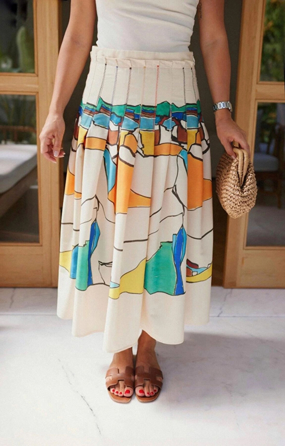 Kadın Bej Zikzak Dikişli Penkli Pileli Desenli Etek