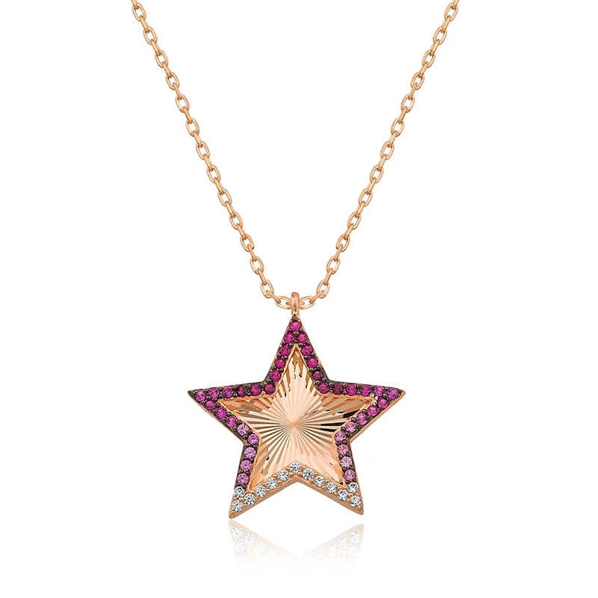 Gümüş Rose Pembe Fırfır Desenli Yıldız Kadın Kolye