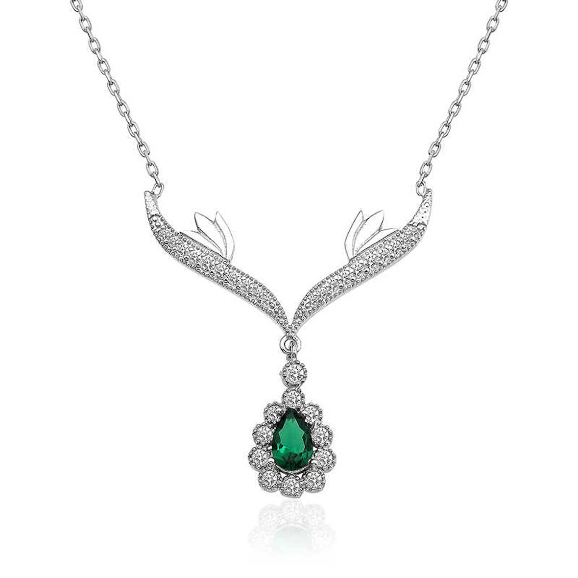 Gümüş Yeşil Taşlı Madalyon Kadın Kolye