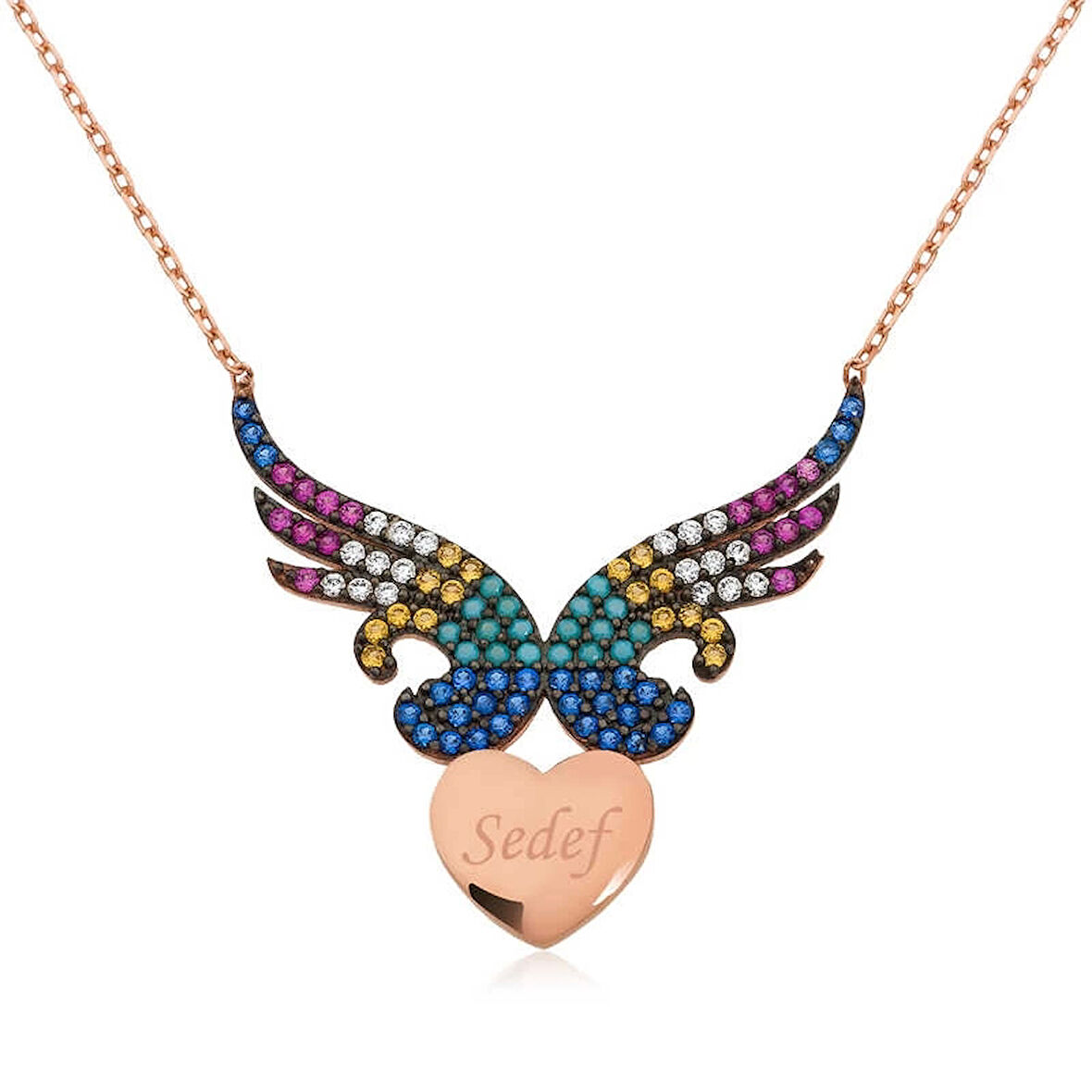 Gümüş Kişiye Özel İsimli Kanatlı Kalp Kadın Kolye