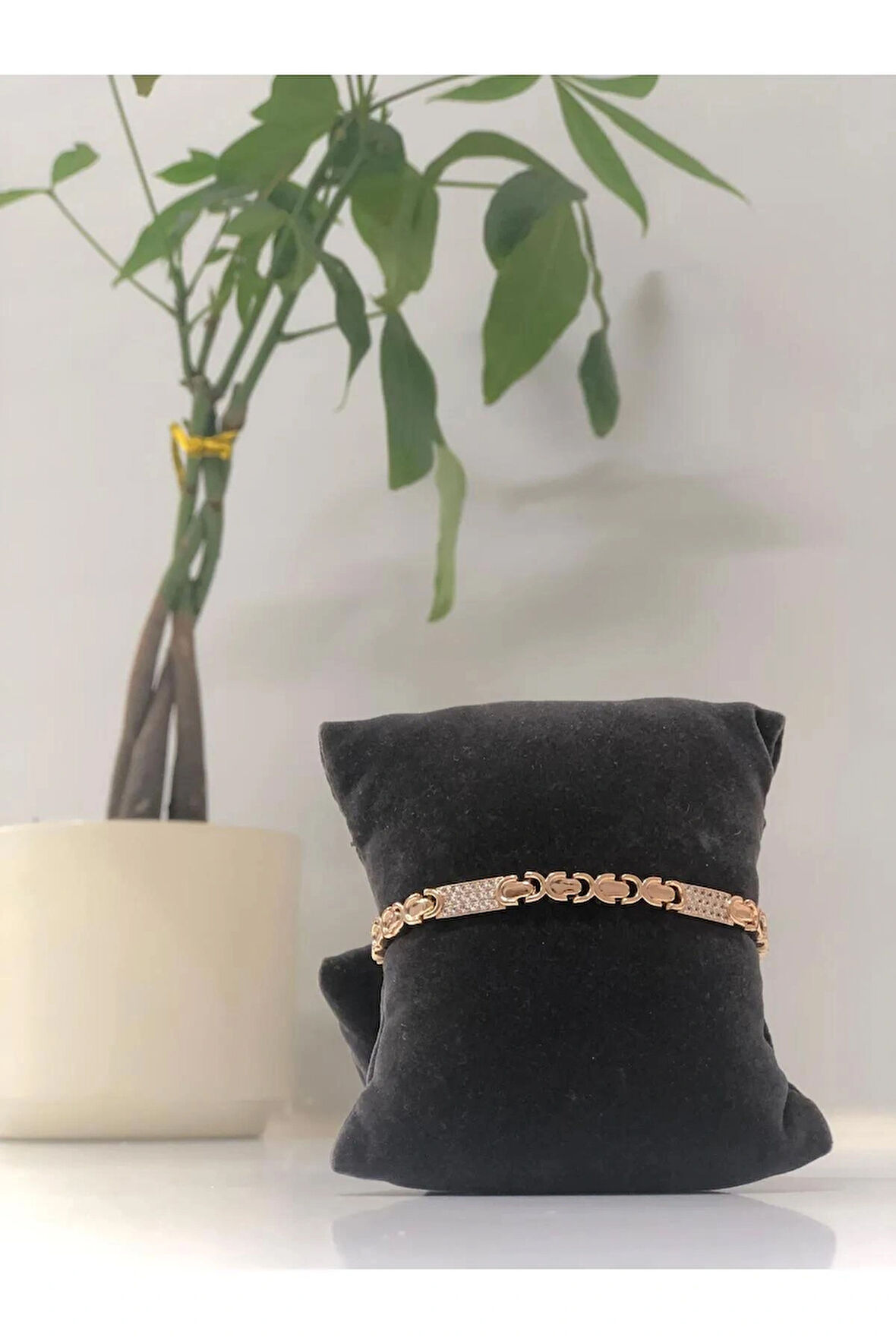 Xuping Zirkon Taşlı Dikdörtgen Detay Plaka Geçişli Kadın VIP Rose Gold Bileklik Paslanmaz Çelik