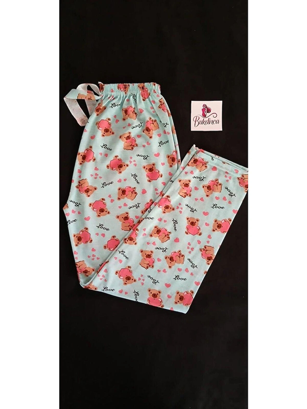 Açık Mavi Ayıcıklı ve Kalp Desenli Pijama Altı Açık Mint Yeşili-BK010003