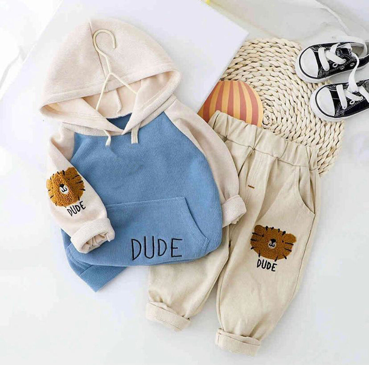 Dude Desenli Kapşonlu Bebek Alt Üst Takım Mavi | 6-9 AY