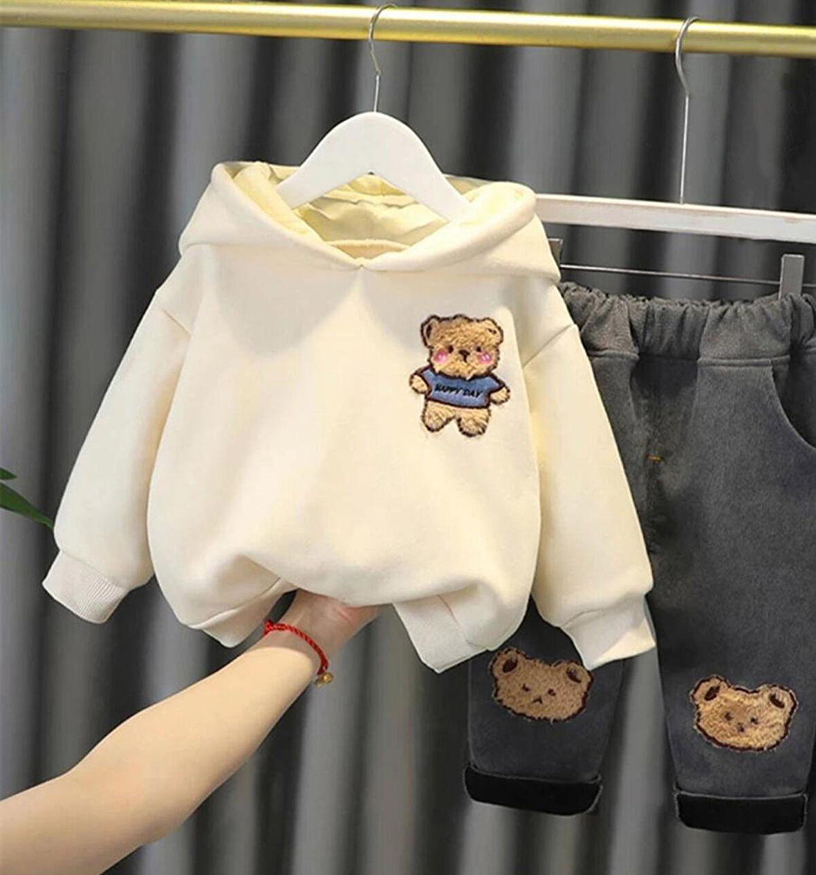Toy Ayı Görselli Kapşonlu Zarif Bebek Takım Beyaz | 12-18 AY