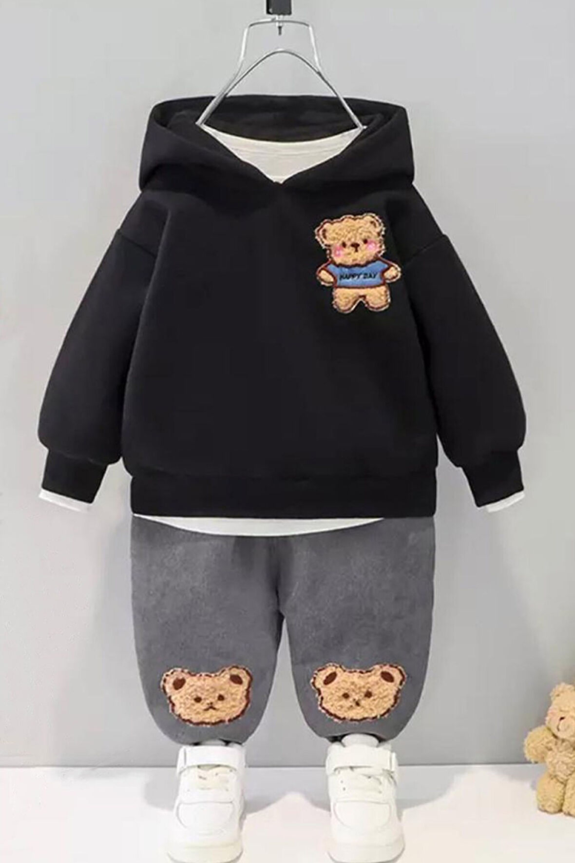 Toy Ayı Görselli Kapşonlu Zarif Bebek Takım Siyah | 9-12 Ay