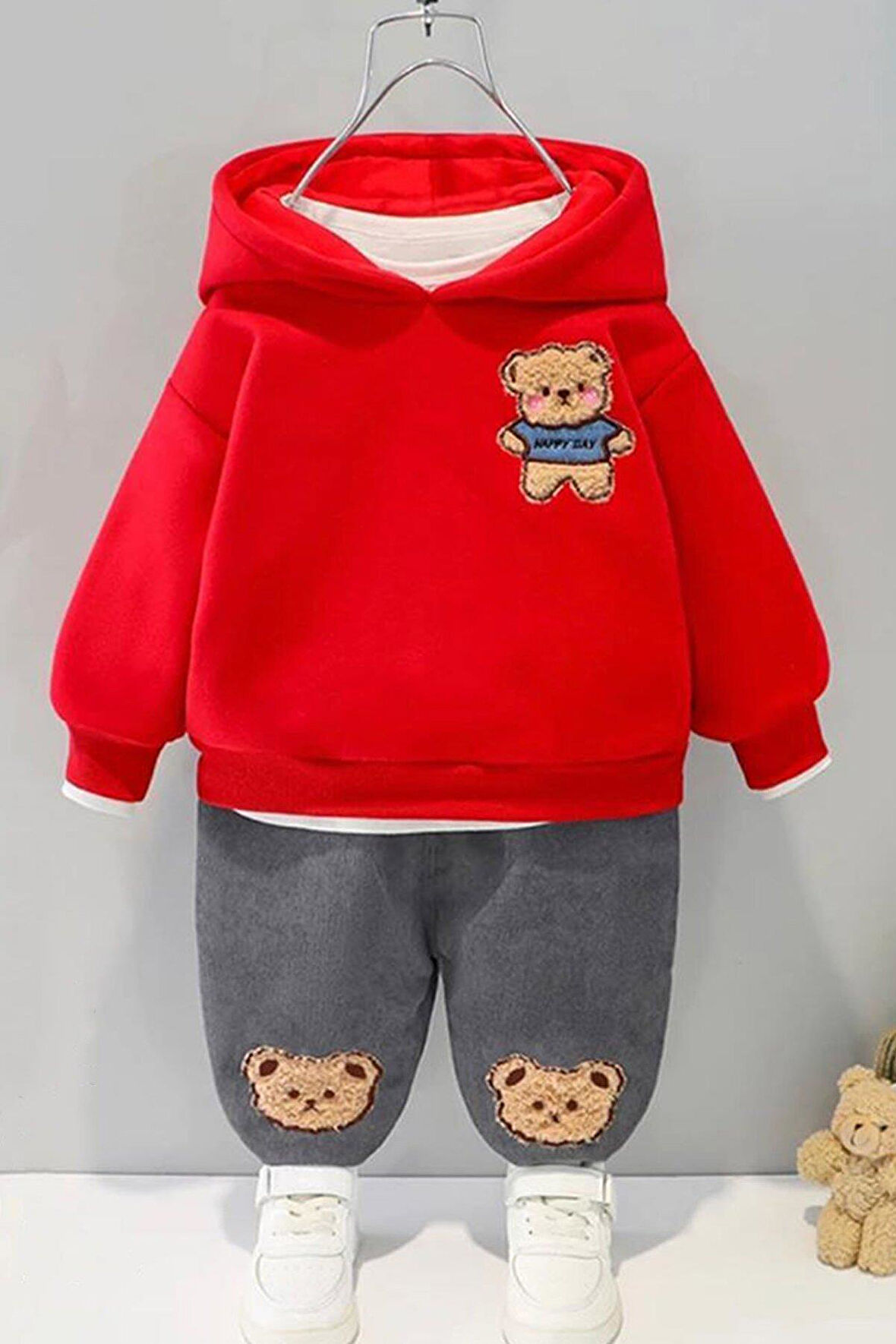 Toy Ayı Görselli Kapşonlu Zarif Bebek Takım Kırmızı | 12-18 AY