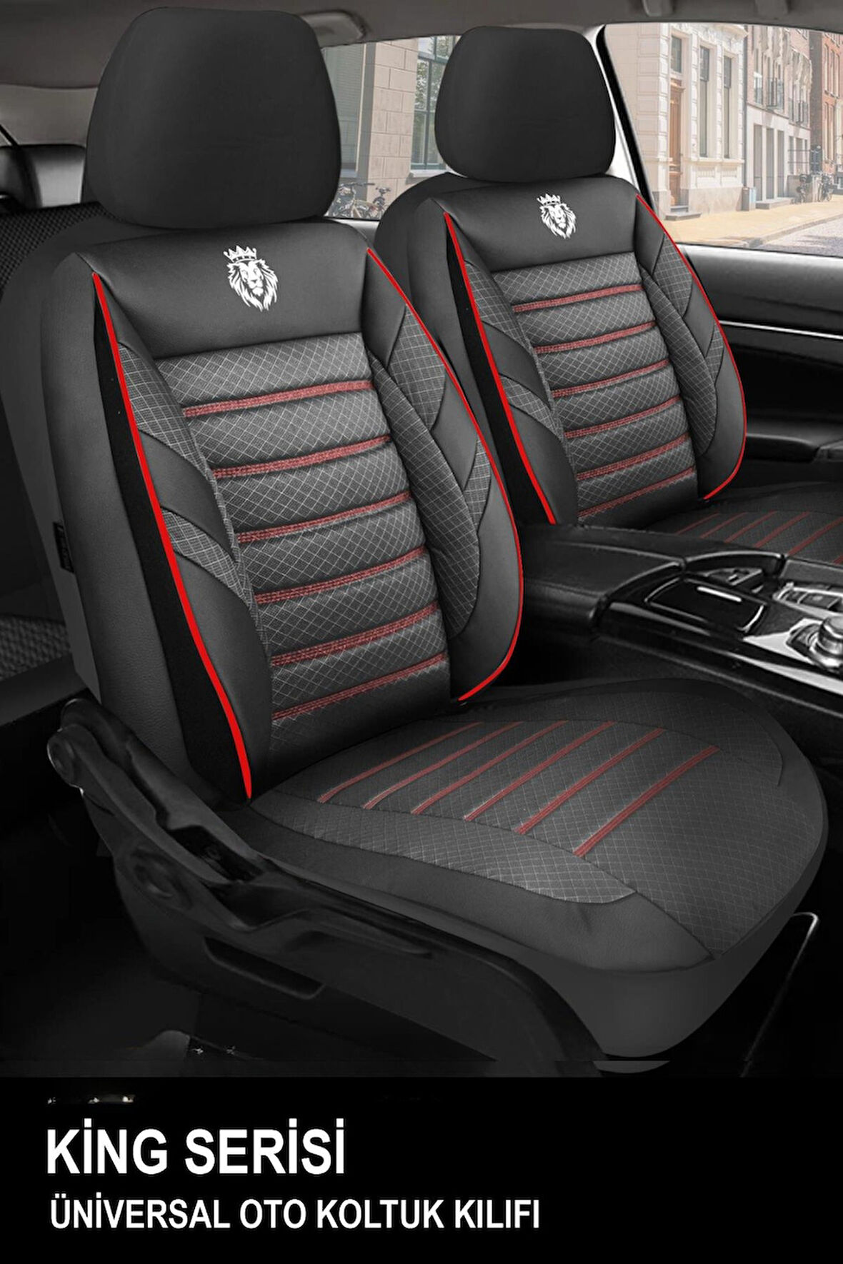Ssangyong Kyron  Uyumlu 5 KOLTUK TAM SET KRAL SERİSİ JAKAR OTO KOLTUK KILIFI SİYAH-KIRMIZI ŞERİT