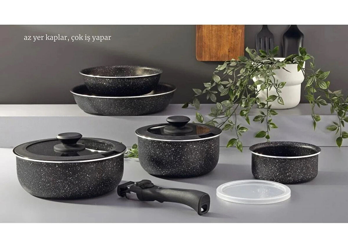9 Parça Granit Kaplama Tencere Ve Tava Seti Tak Çıkar Saplı Iç Içe Geçebilen Pişir Sakla Siyah