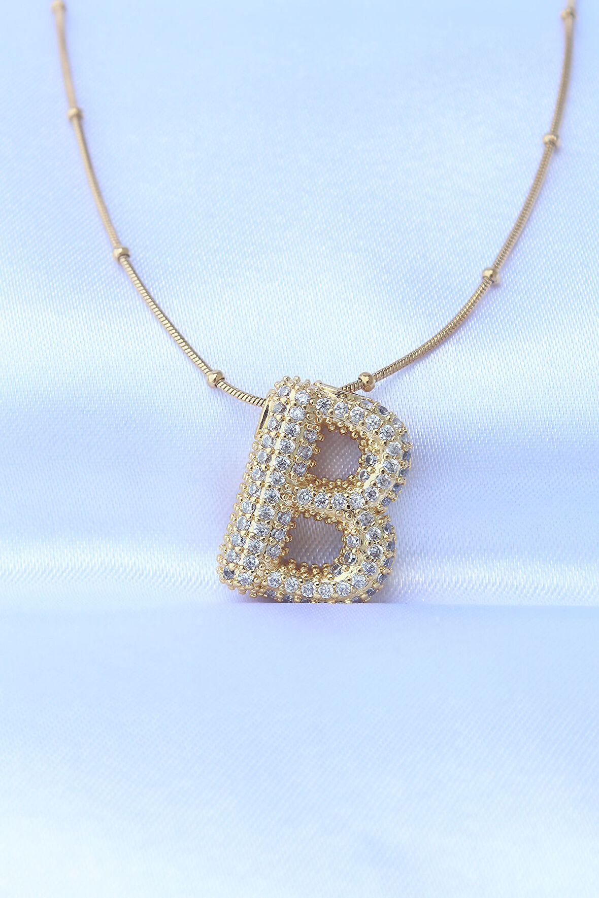316L Çelik Zincirli Zirkon Taşlı B Harfli Gold Renk Bubble Kolye alithestereo