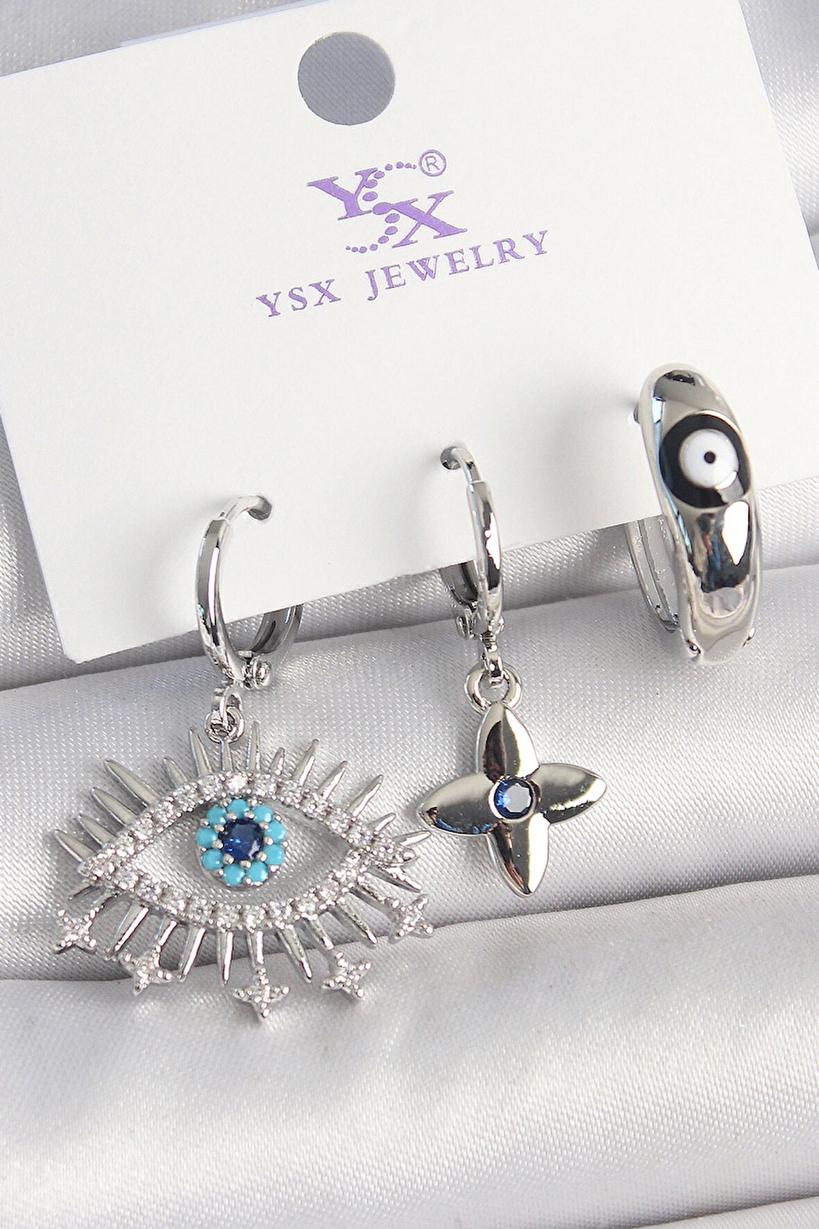 Pirinç Gümüş Renk Zirkon Taşlı Göz Model Nazar Boncuk Detay 3'Lü Kadın Kombin Küpe