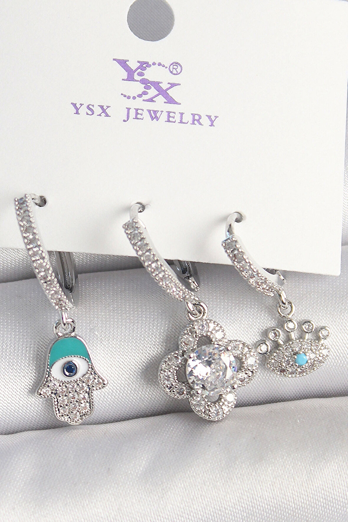 Pirinç Gümüş Renk Zirkon Taşlı Fatma Ana Yonca Figür Göz Detay 3'Lü Kadın Kombin Küpe