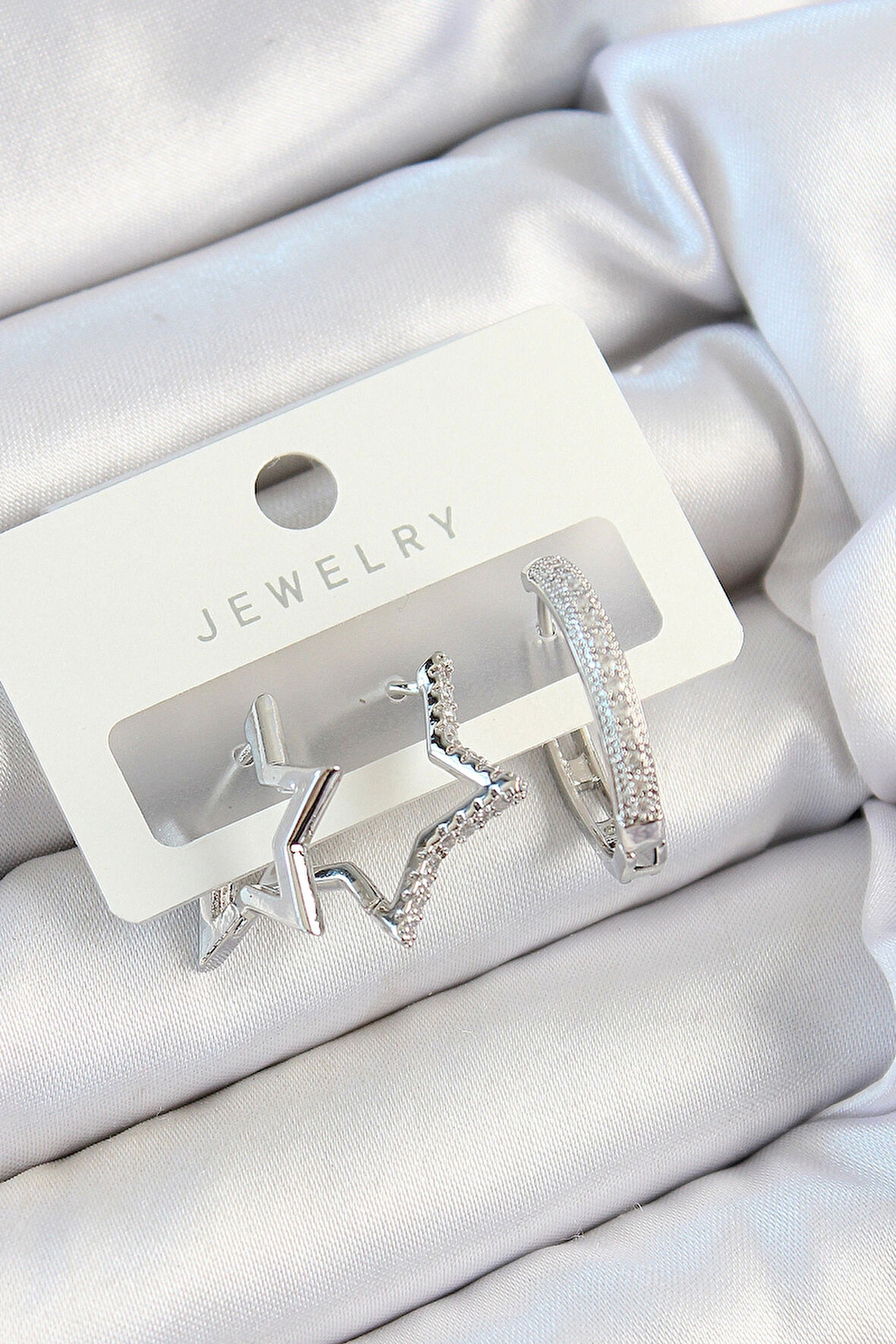 Pirinç Zirkon Taşlı Yıldız Ve Halka Model Gümüş Renk 3'lü Çift Kadın Küpe Set