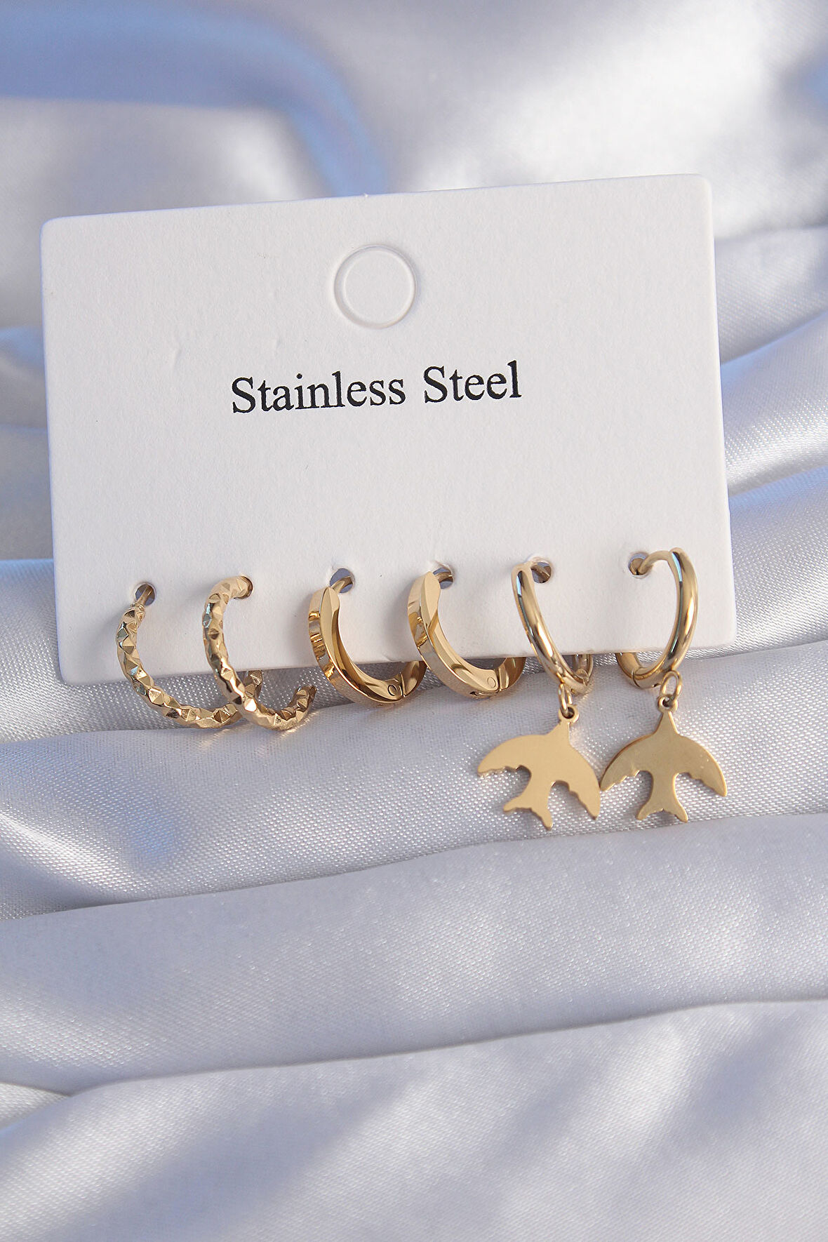 316L Çelik Gold Renk Oval Tasarım Kuş Model Küpe Seti alithestereo