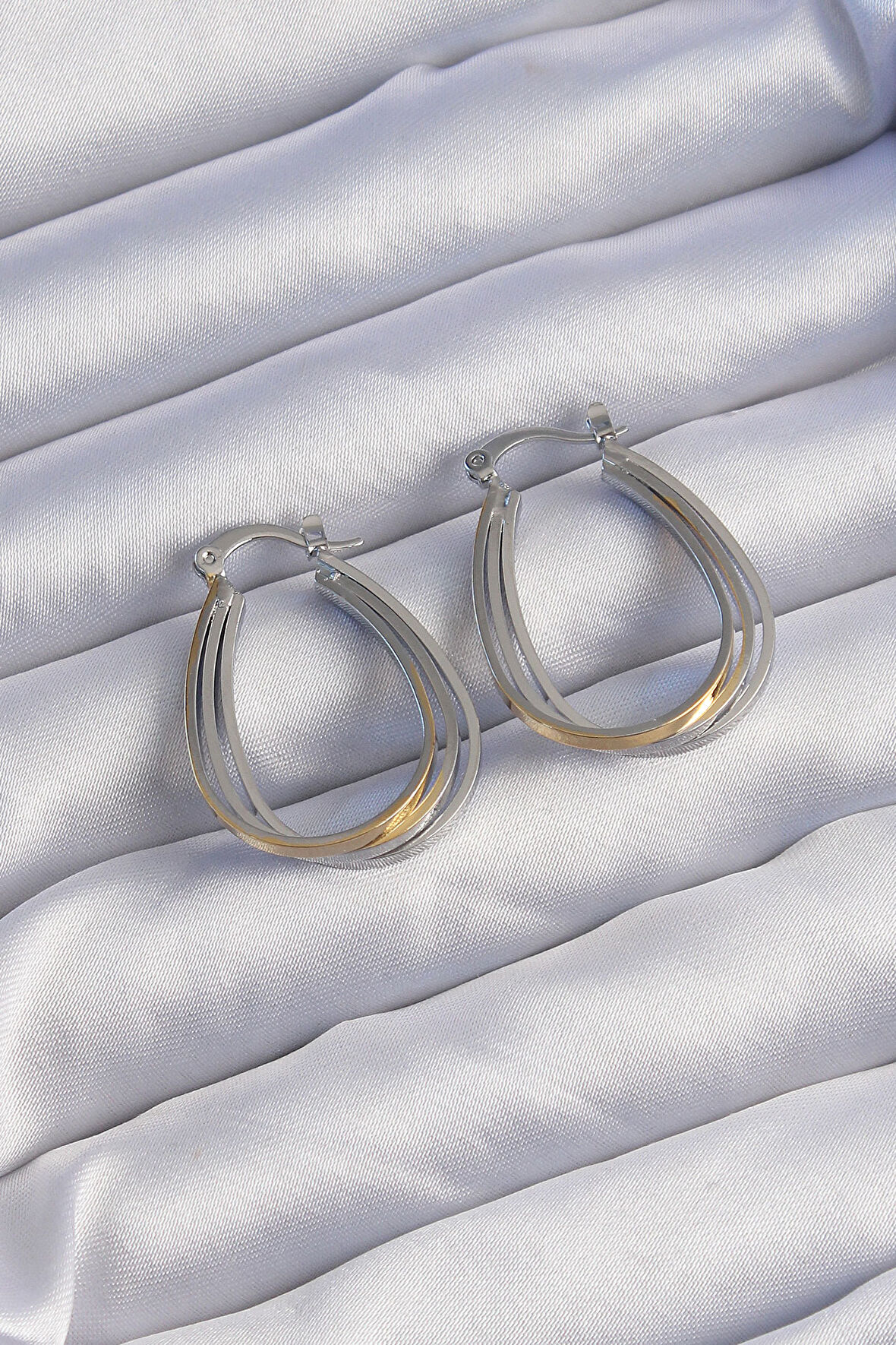 Pirinç Gold Gümüş Renkli Oval Çoklu Görünümlü Küpe alithestereo