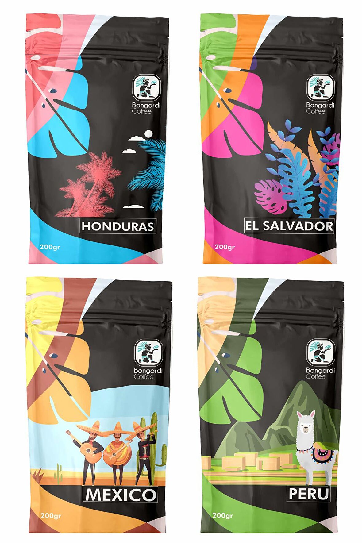 Peru Honduras Mexico El Salvador Yöresel Öğütülmüş Filtre Kahve Seti 4 x 200 g