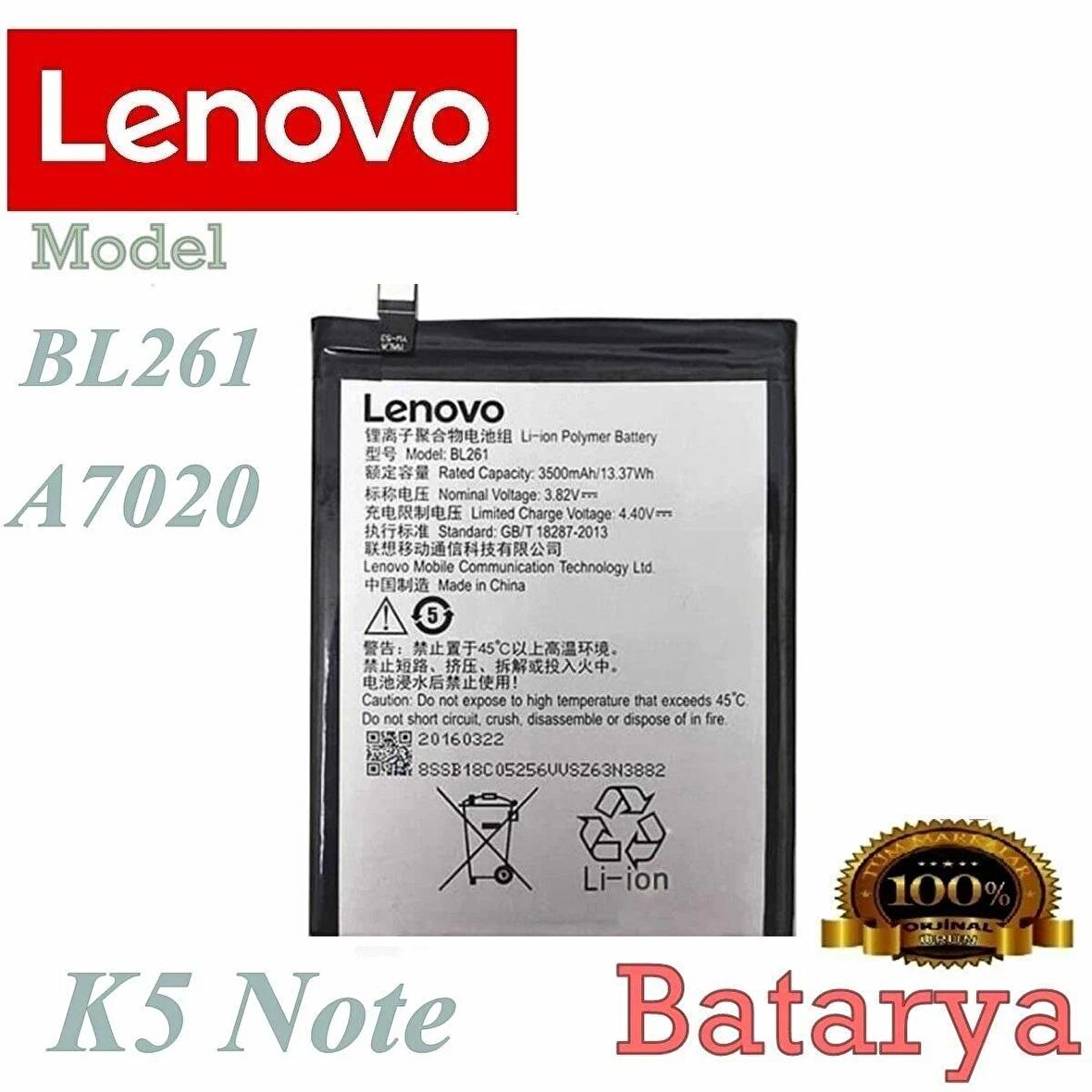 Lenovo BL261 Batarya Lenovo K5 Note Vibe K5 Note A7020 Uyumlu Yedek Batarya