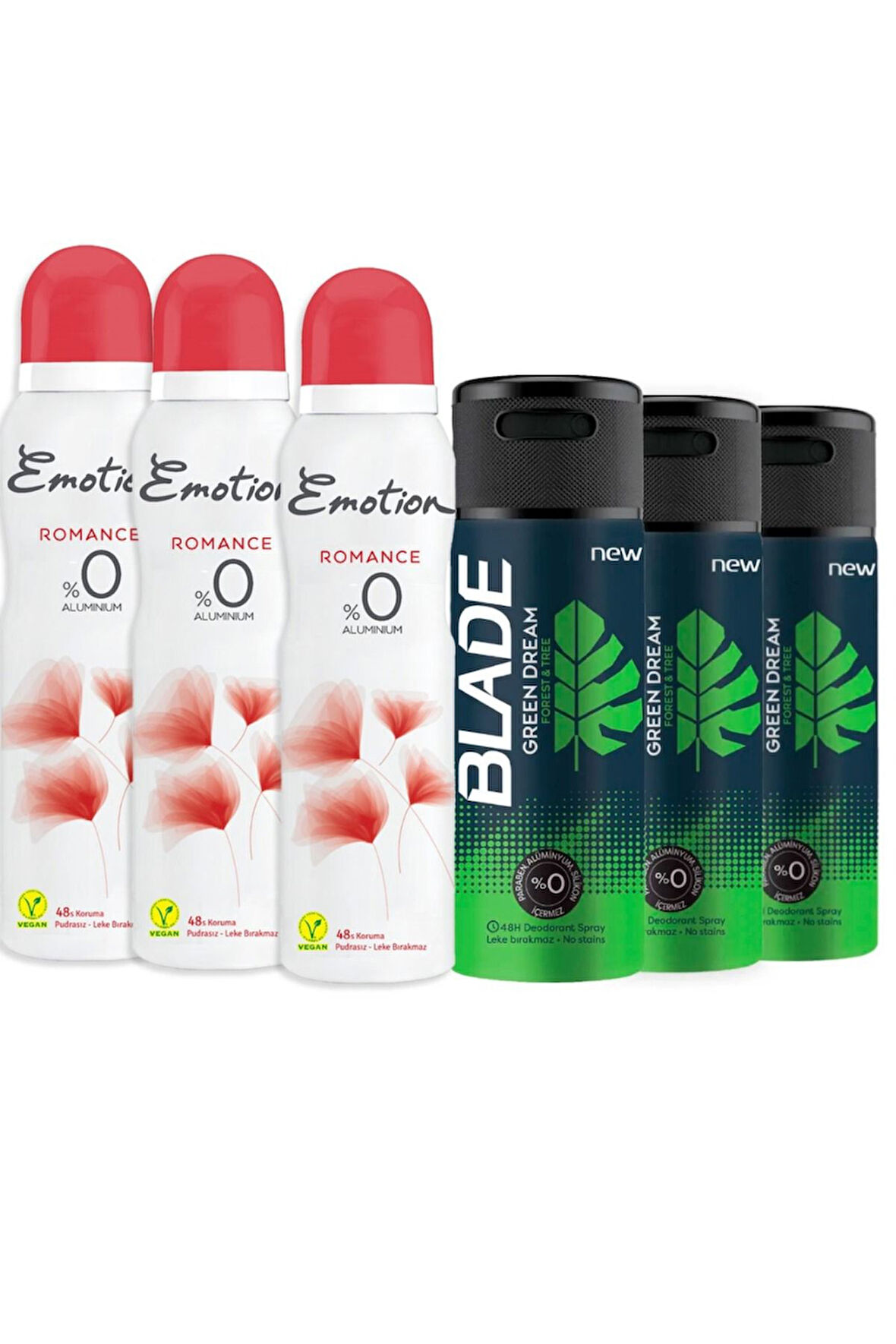 Green Dream Erkek Deodorant 3x150 ml & Emotion Romance Kadın Deodorant 3x150 Ml