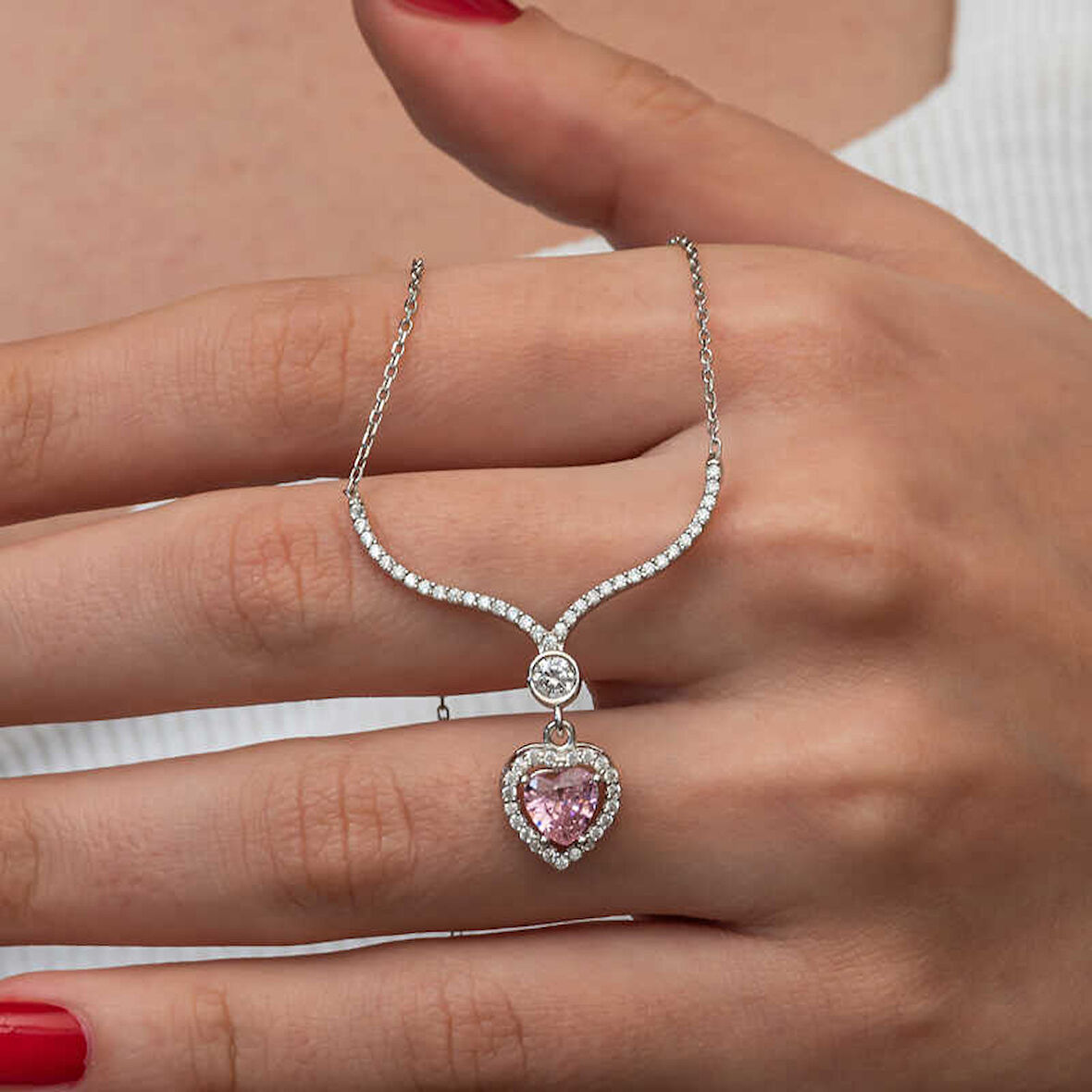 BlackCraft Gümüş Pembe Zirkon Taşlı Kalp Kadın Kolye (BC-6637AC)